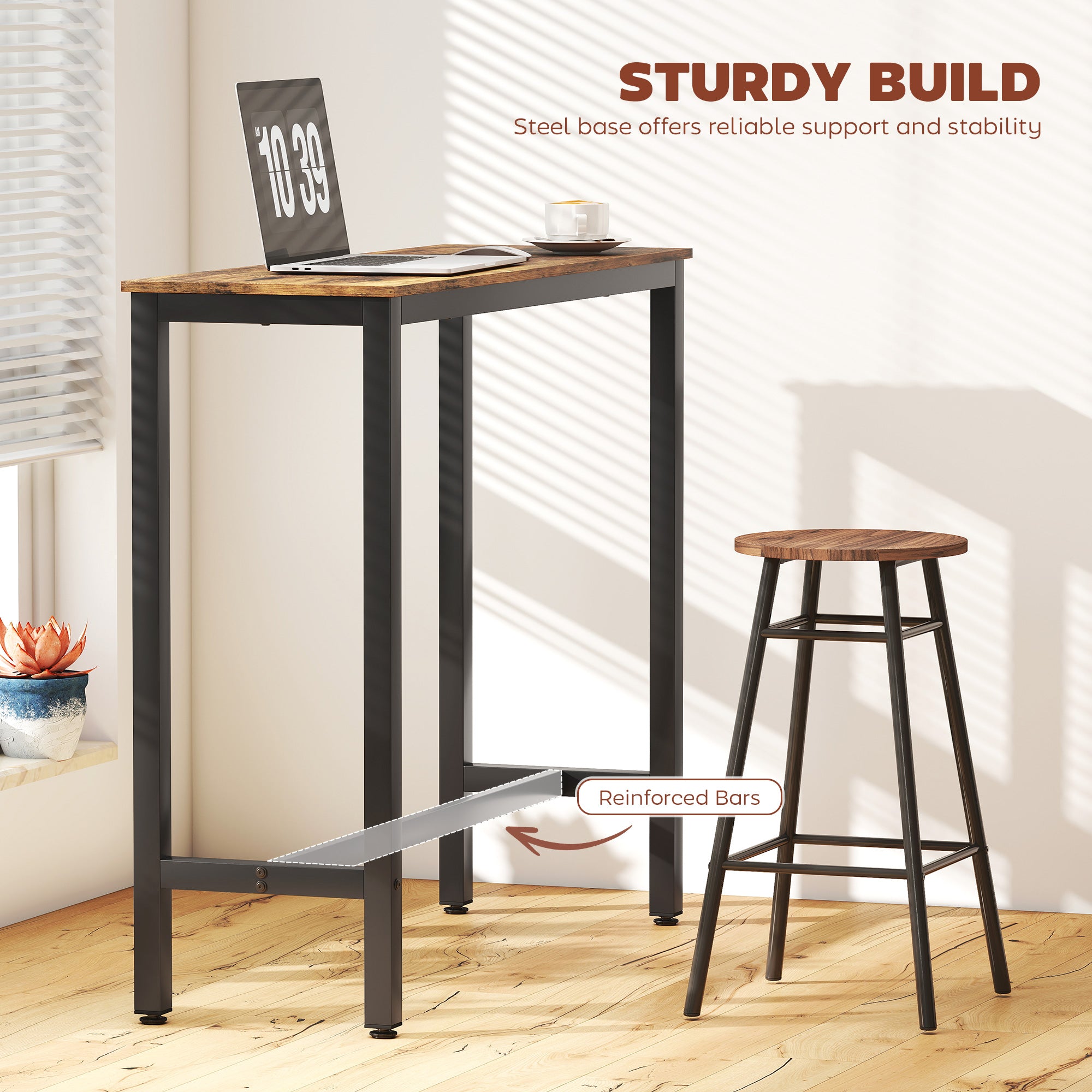 Kozy Rectangular Bar Table, Wood Effect Pub Coffee Table for Small Space, Breakfast Dining, Kitchen, Industrial, Rustic Brown