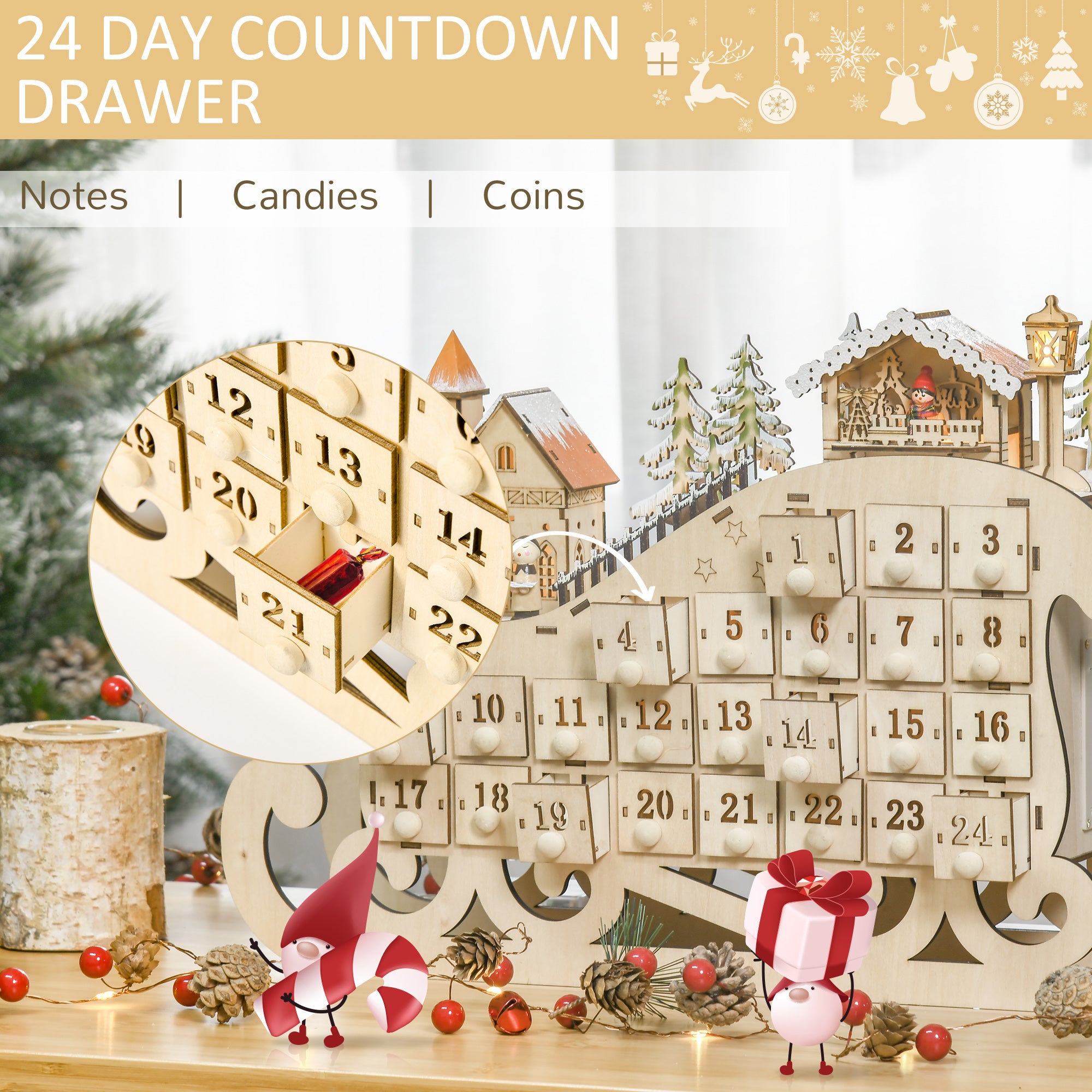 Kozy Christmas Advent Calendar, 2021 Light Up Table Xmas Wooden Sleigh Holiday Decoration with Countdown Drawer, Village, for kids Adults, Natural Wood Color