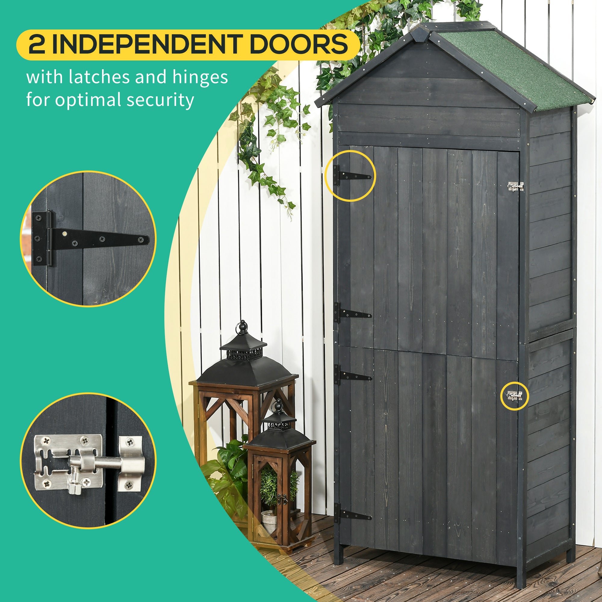 Kozy Garden Shed 4-Tier Wooden Garden Outdoor Shed 3 Shelves Utility Gardener Cabinet Lockable 2 Doors - Grey