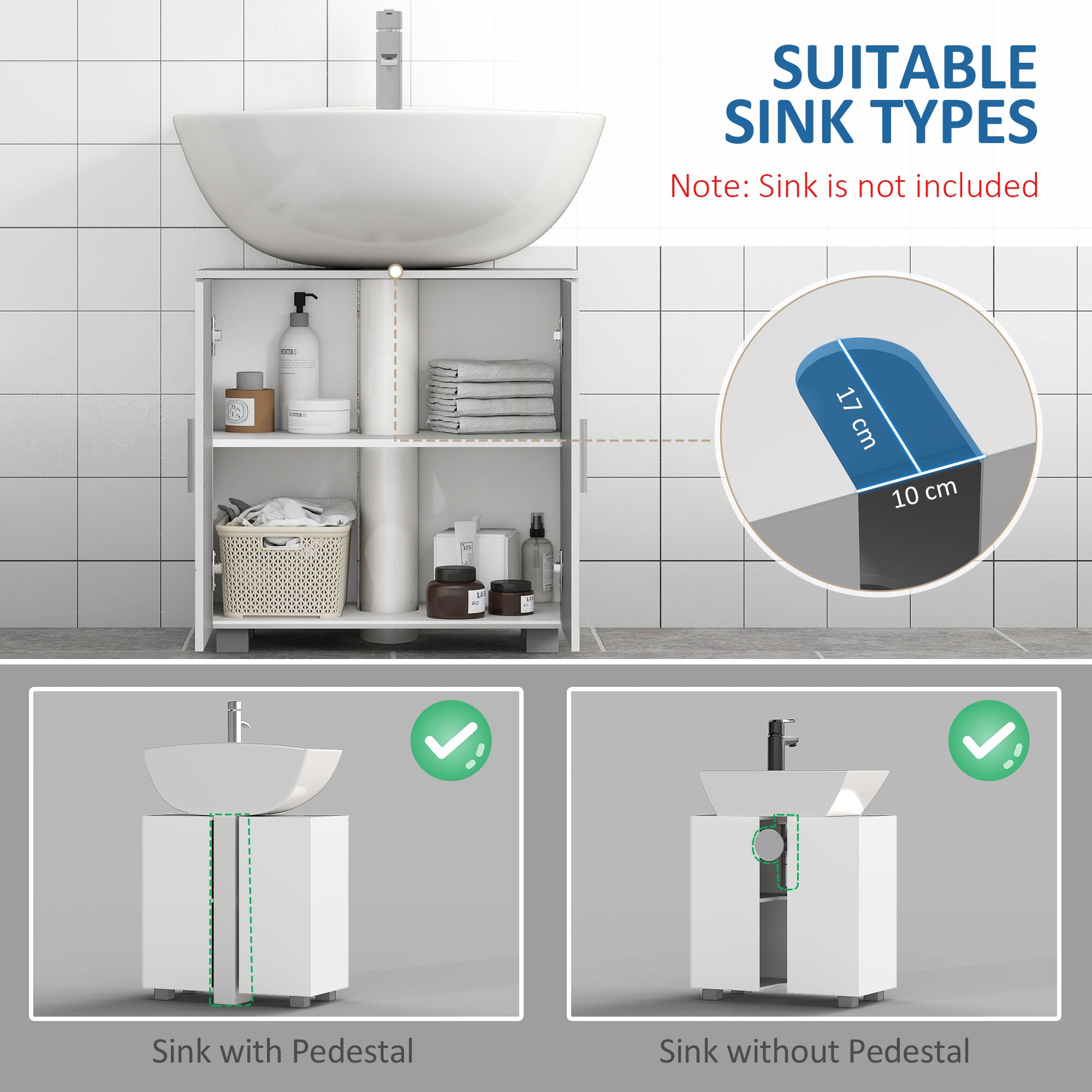 Kozy Pedestal Under Sink Cabinet, Modern Bathroom Vanity Unit, Storage Cupboard with Double Doors, Adjustable Shelf, White