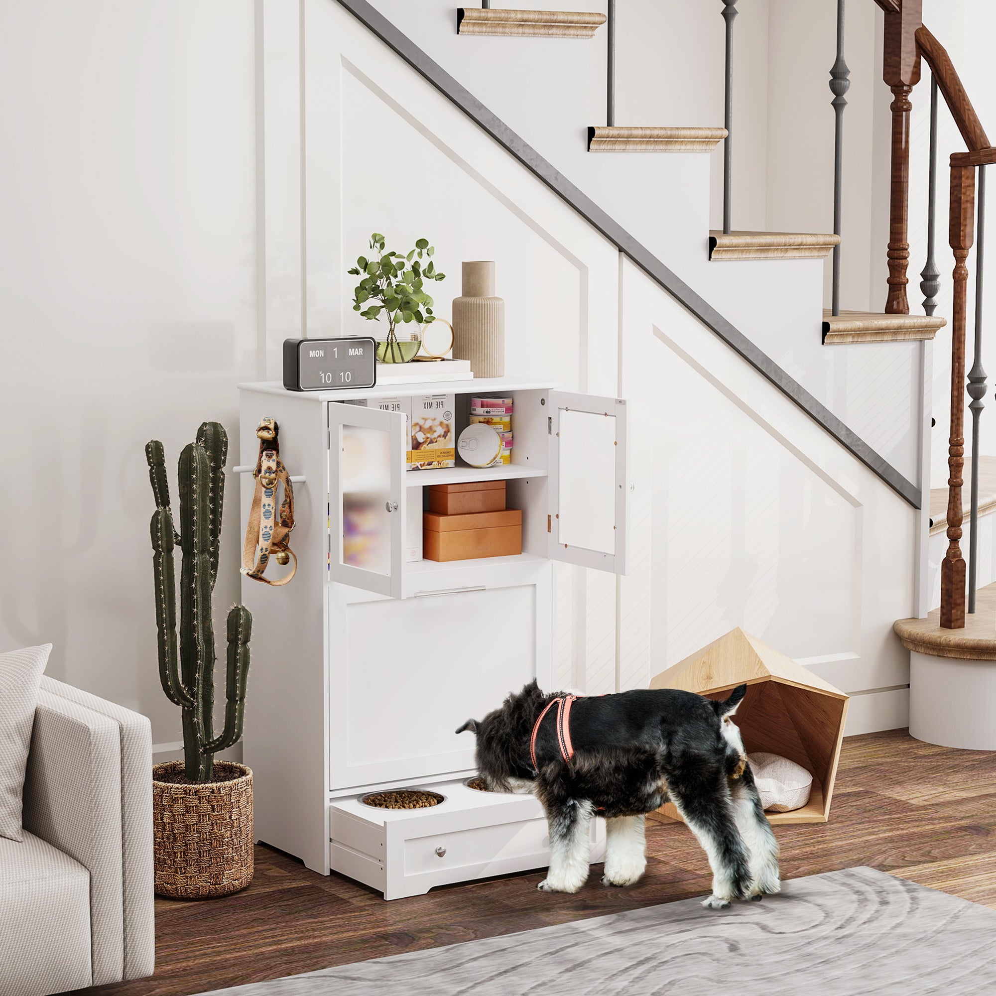 Kozy - Dog Feeding Station with 2 Storage Cabinets, 2 Elevated Bowls, Side Hooks, Anti-tip Kit for Water and Feeding Supplies