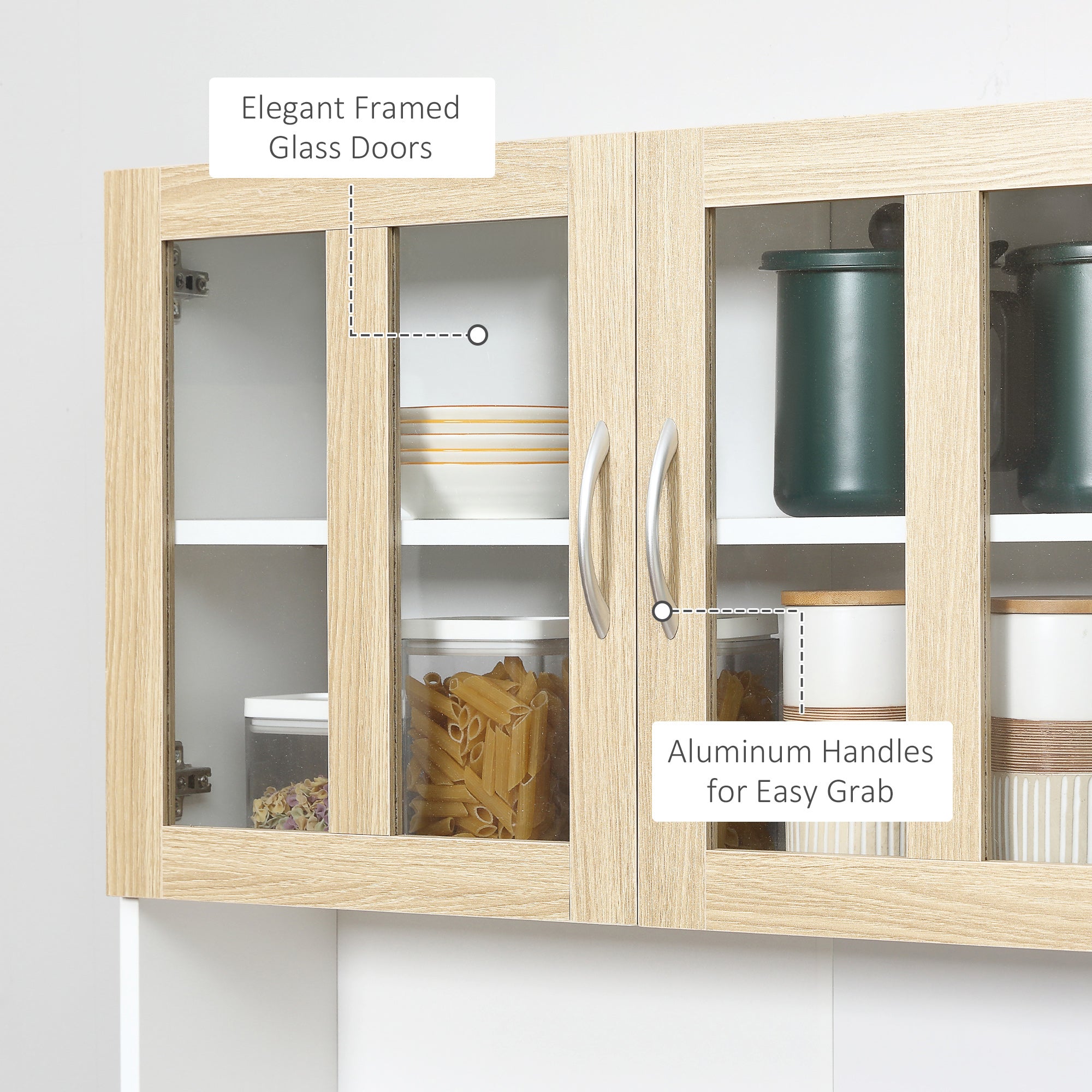 Kozy Modern Kitchen Cupboard, Freestanding Storage Cabinet Hutch with Central Drawer, 2 Glass Door Cabinets and Countertop, 180cm