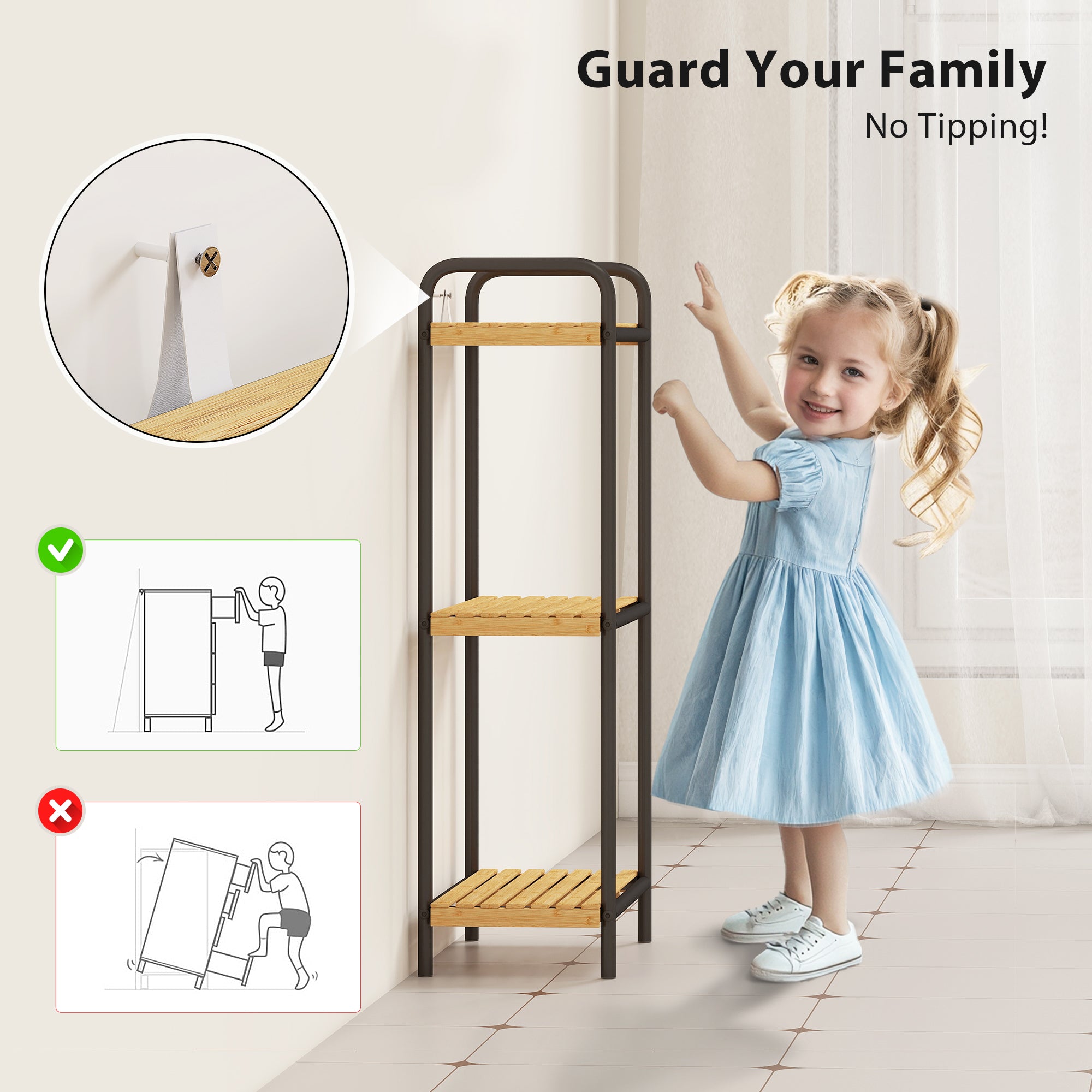 Kozy - 3-Tier Bamboo Bathroom Storage Shelf, Freestanding Narrow Shelving Unit with Slatted Shelves for Kitchen Bathroom Living Room, 41.5 x 21.5 x 77.5 cm, Natural and Black