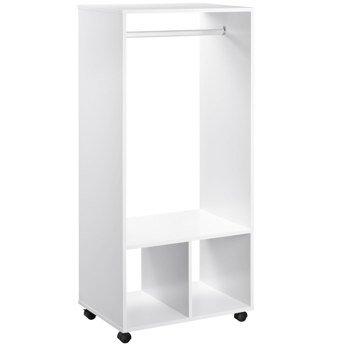 Kozy Open Wardrobe on Wheels, Bedroom Wardrobe with Clothes Hanging Rail, 2 Storage Shelves, Mobile Garment Rack for Cloakroom, Hallway, White