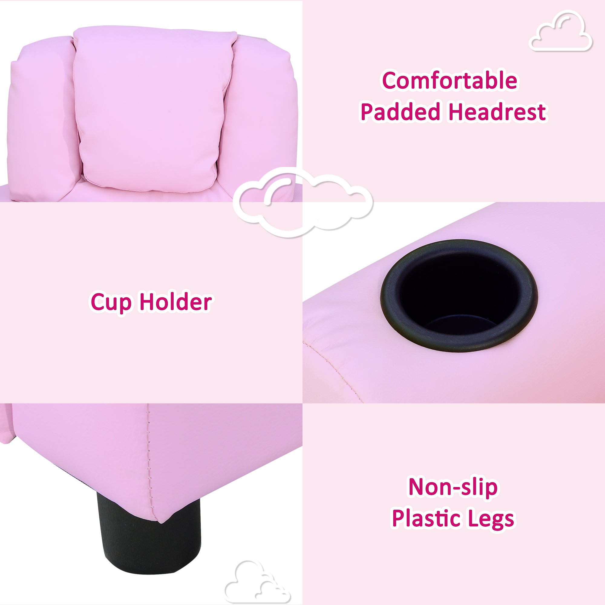 Kozy Kids Recliner Chair, PU Leather with Adjustable Backrest, Footrest, Padded Headrest, Pink