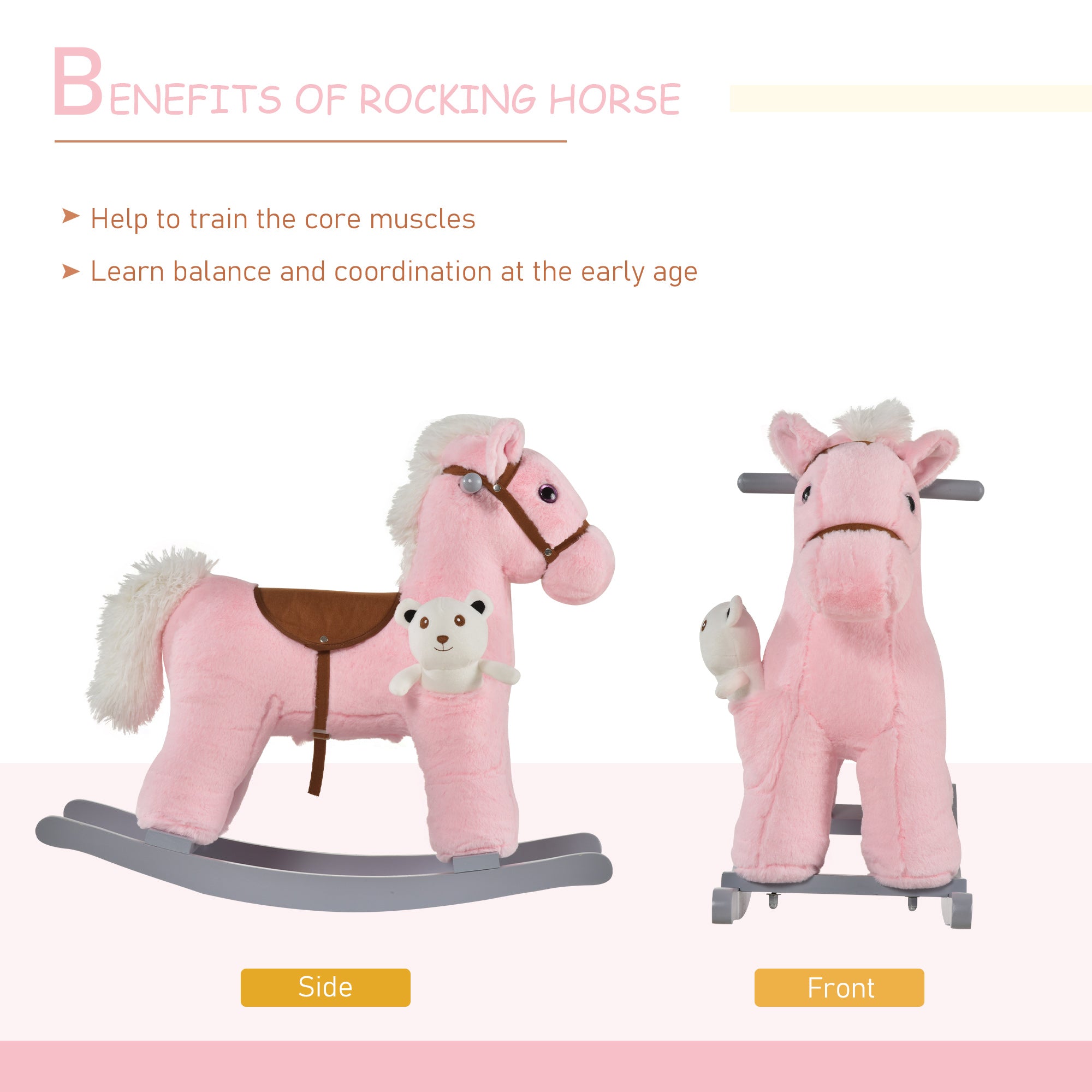 Kozy Kids Plush Ride-On Rocking Horse Toy Rocker with Plush Toy Realistic Sounds for Child 18-36 Months Pink