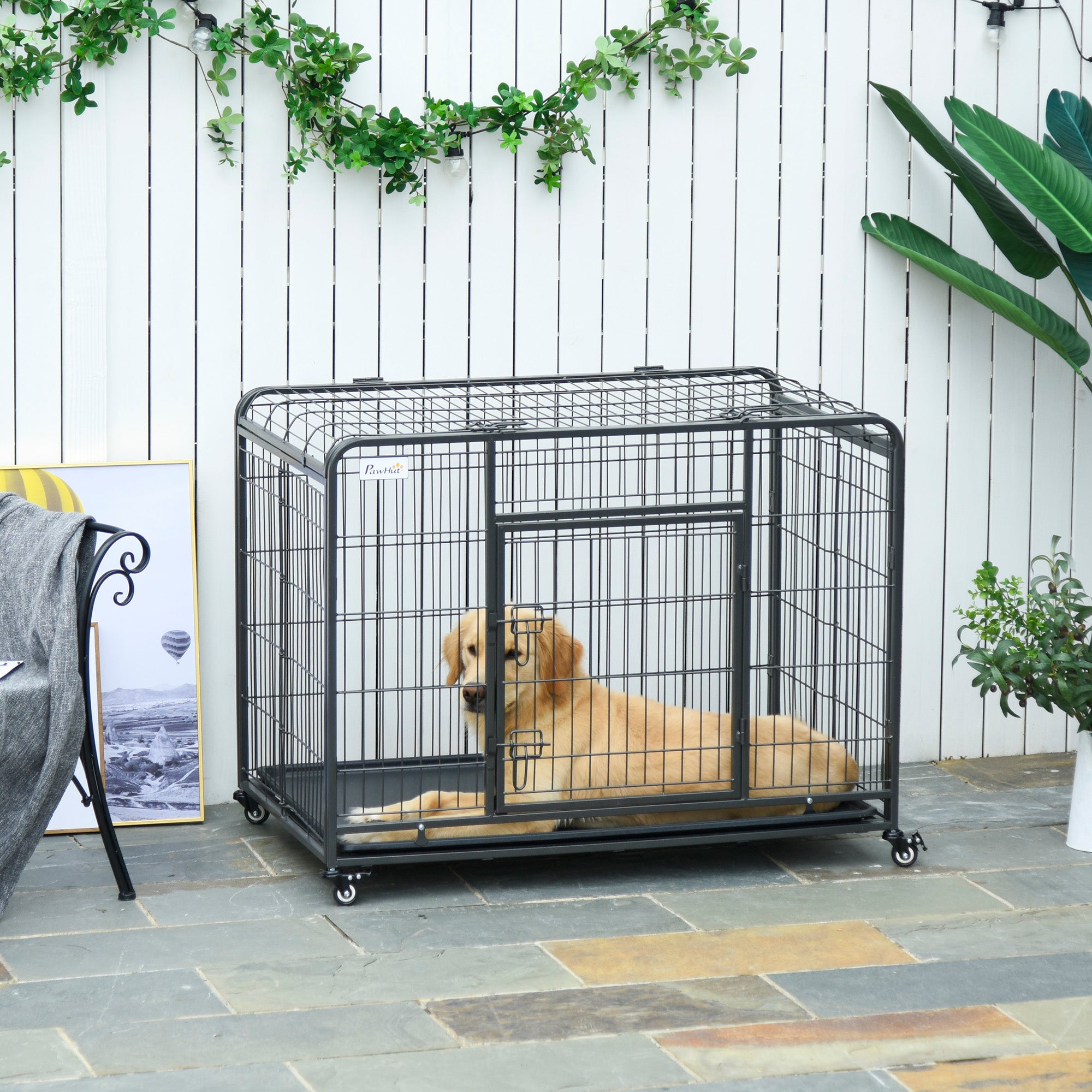 Kozy Metal Dog Cage Kennel Locking Door & Wheels Removable Tray Openable Top For Large Pets 109.5 x 71 x 78 cm
