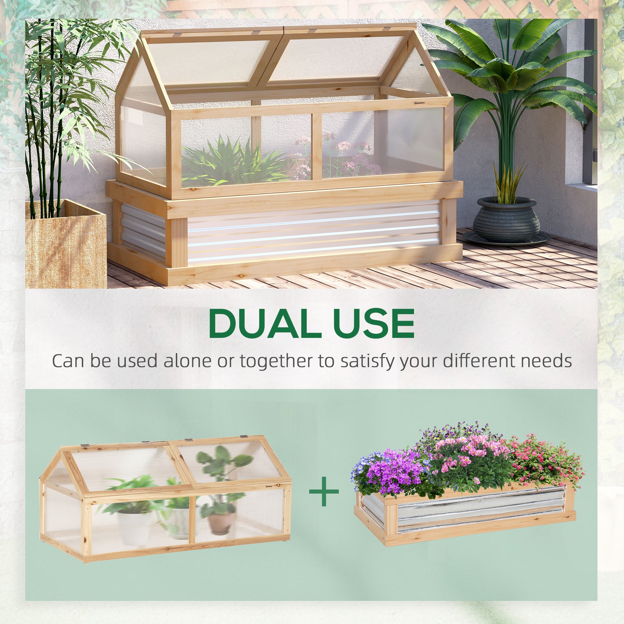 Kozy Raised Garden Bed with Greenhouse Top, Garden Wooden Cold Frame Greenhouse Flower Planter Protection with 2 Independent Roofs, 122x 61 x 82cm, Natural