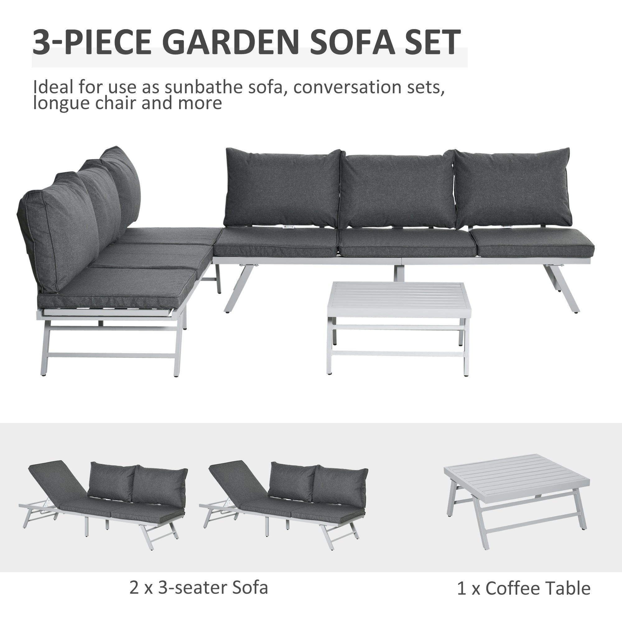 Kozy 3 Pieces Garden Furniture Sets, 6 Seater Corner Sofa Set with Adjustable Backrest Chase Lounge with Slatted Metal Top Table, Padded Cushion, Grey