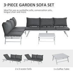 Kozy 3 Pieces Garden Furniture Sets, 6 Seater Corner Sofa Set with Adjustable Backrest Chase Lounge with Slatted Metal Top Table, Padded Cushion, Grey