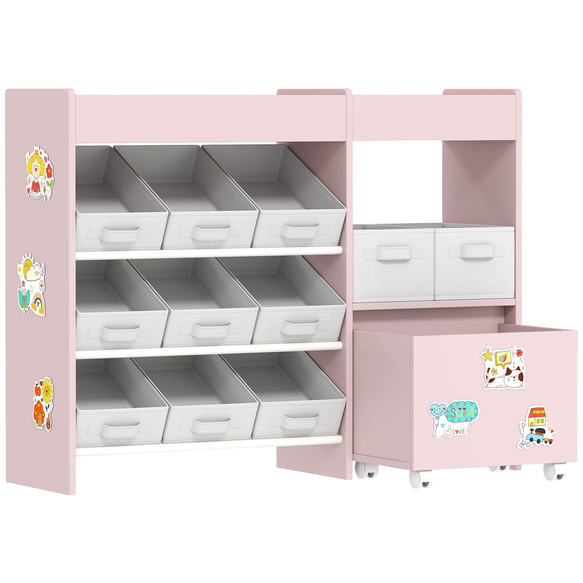 Kozy Kids Toy Storage Unit with 11 Bins, Cabinet, Top Shelves, 3 Stickers, for Nursery, Playroom, Pink