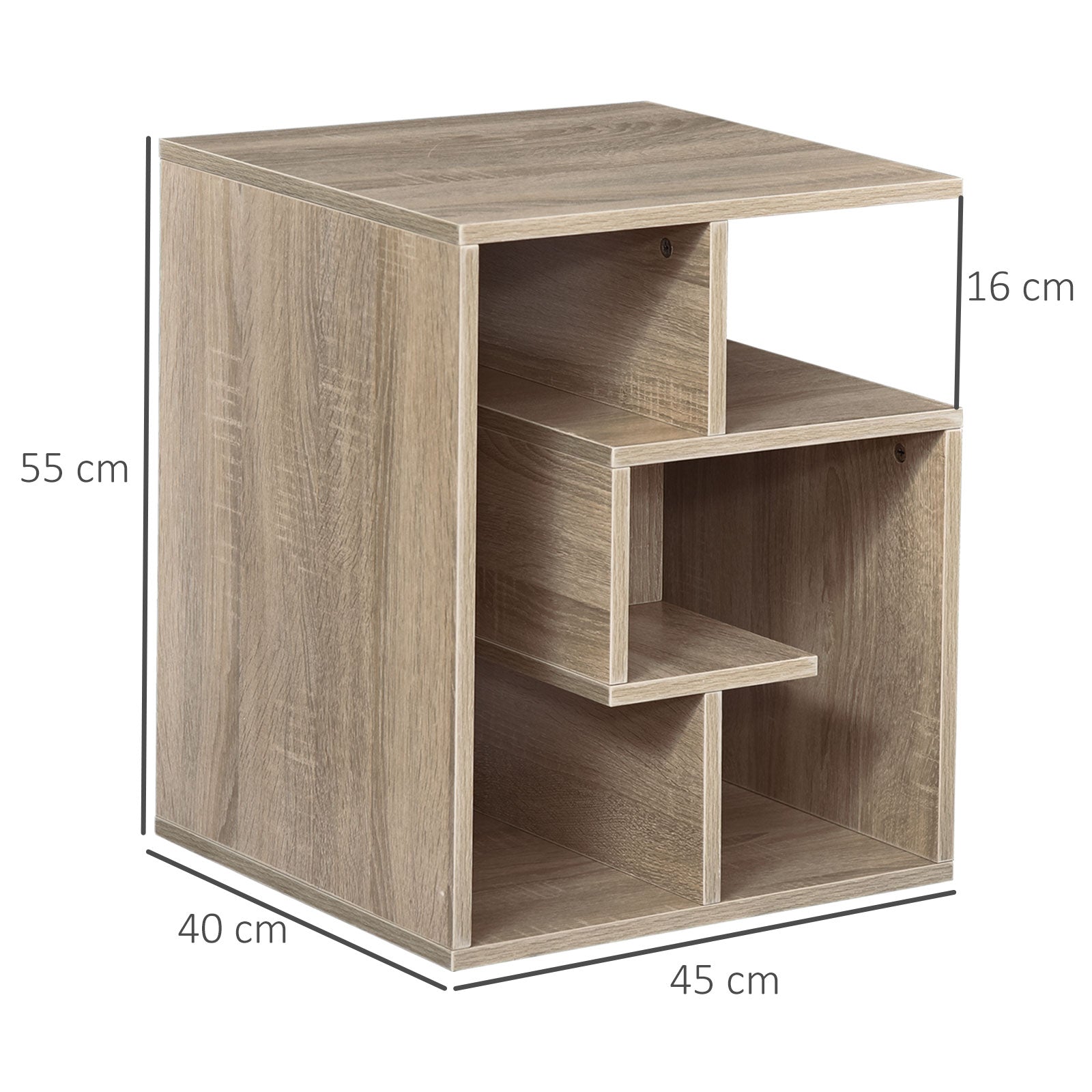 HOMCOM 3 Tier Side Table, Oak Colour End Table with Open Storage Shelves, Living Room Coffee Table Organiser Unit