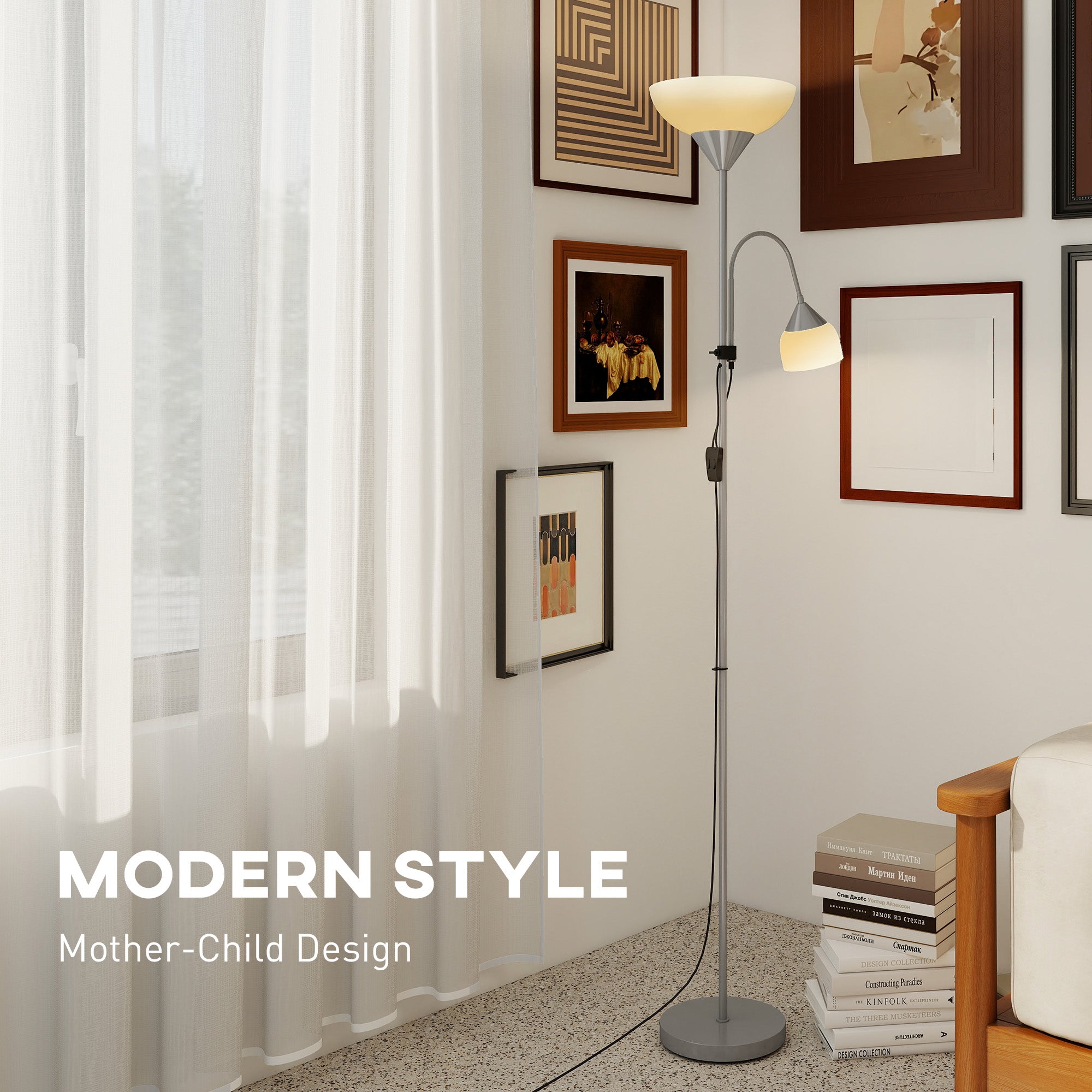 Kozy - LED Floor Lamp for Living Room, 180cm Tall Standing Lamp, Mother and Child Uplighter with Adjustable Gooseneck, 3000K/4500K/6500K Colour Temperatures, Silver Tone