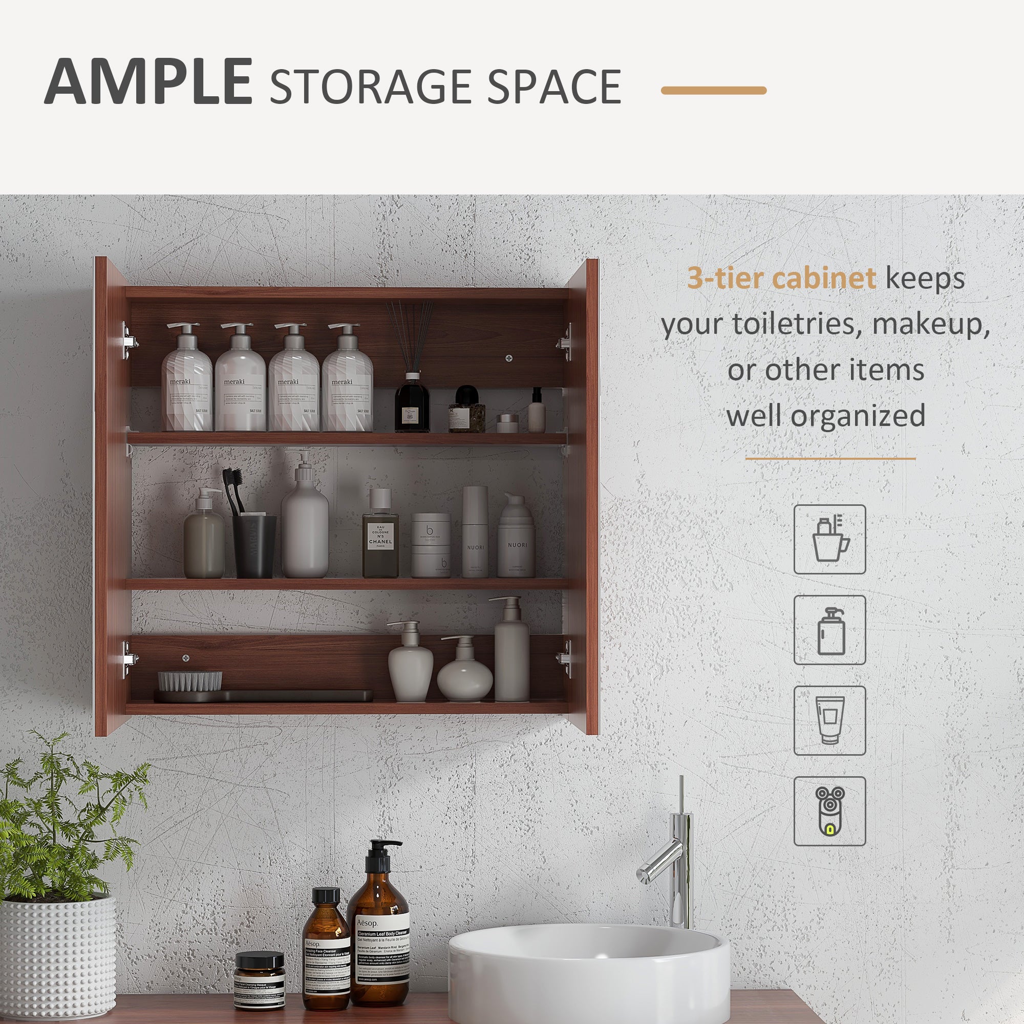 Kozy Double Door Bathroom Mirror Cabinet, Wall Mounted Bathroom Storage Cabinet, Soft Closing, 63L x 60Hcm