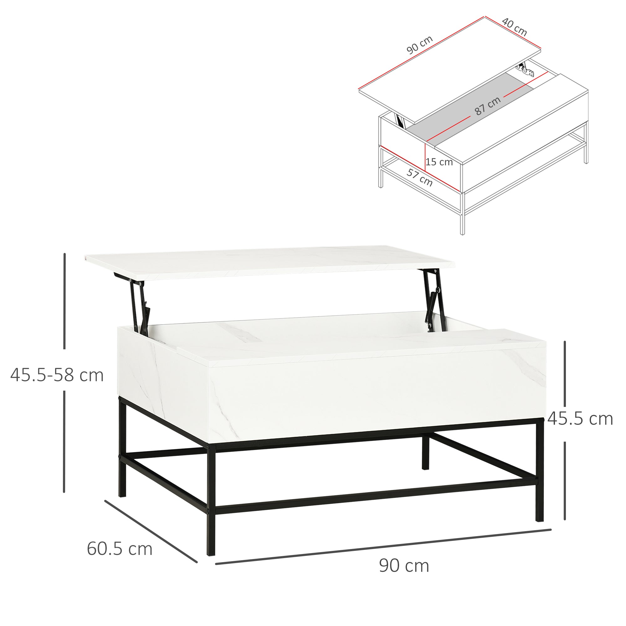 Kozy Modern Lifting Coffee Table with Hidden Compartment, Storage Coffee Table for Living Room, Faux Marble White