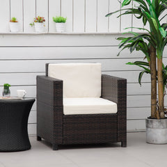 Kozy Single Seater Rattan Chair, PE Wicker Garden Armchair with 10 cm Thickened Cushion, All-Weather Rattan Garden Chair with Armrests, Brown