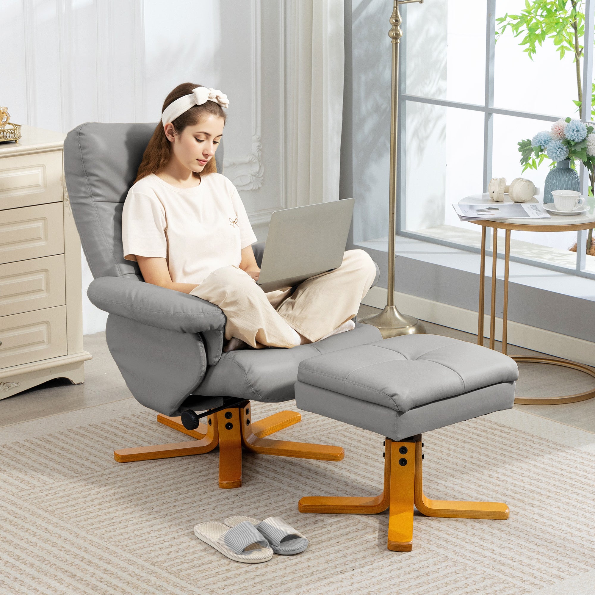 Kozy - PU Leather Swivel Recliner Chair with Footstool, Wooden Base and Storage for Living Room, Light Grey