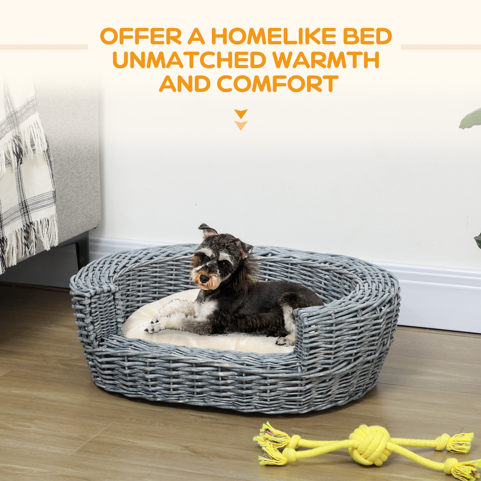 Kozy Wicker Pet Bed Willow Dog Cat Sofa Couch Puppy Basket with Cushion Grey 57L x 46W x 17.5H cm