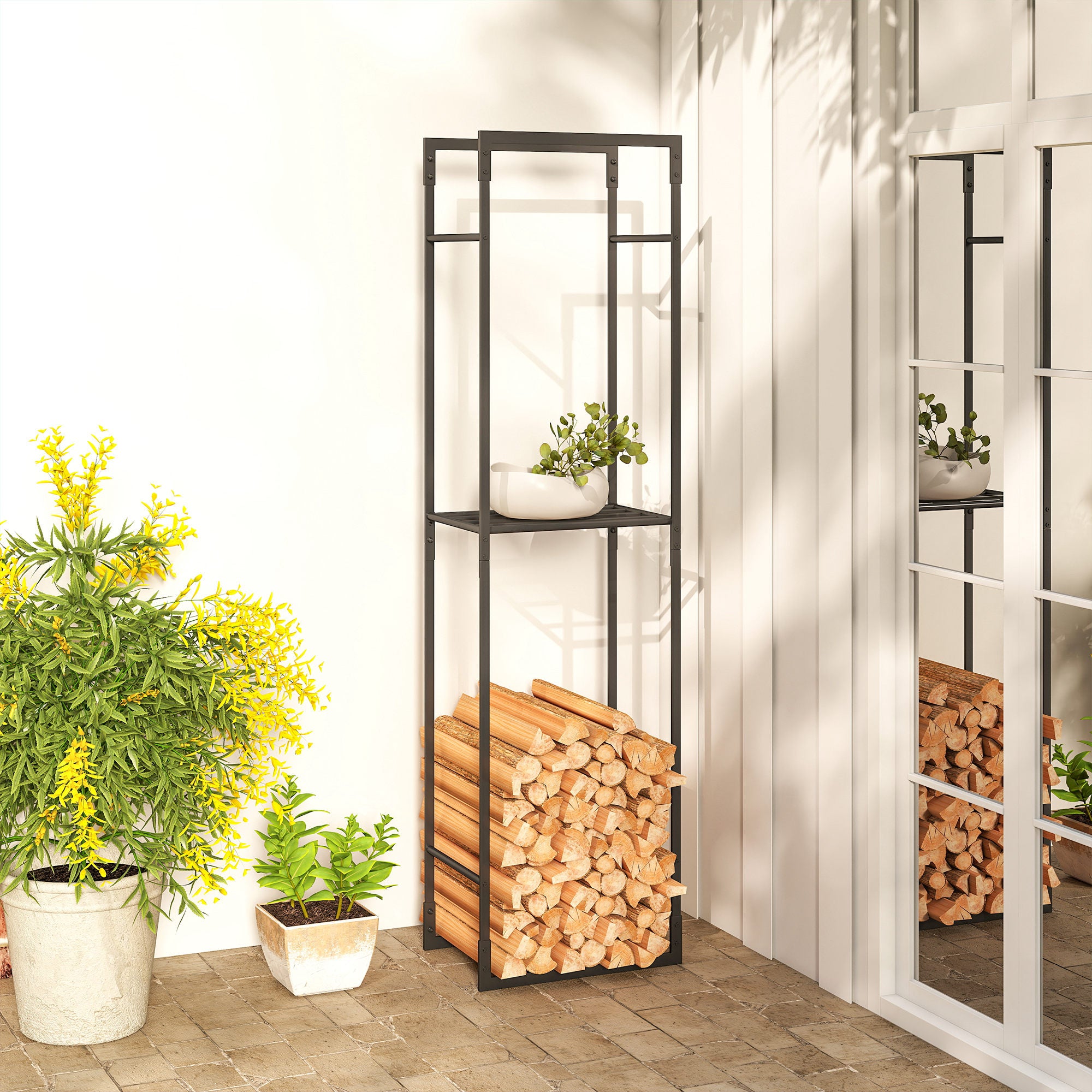 Kozy - Metal Firewood Log Holder, Heavy Duty Firewood Rack with Adjustable Shelf, Indoor Outdoor Fireplace Wood Storage Shelf, 45 x 31 x 170 cm, Black