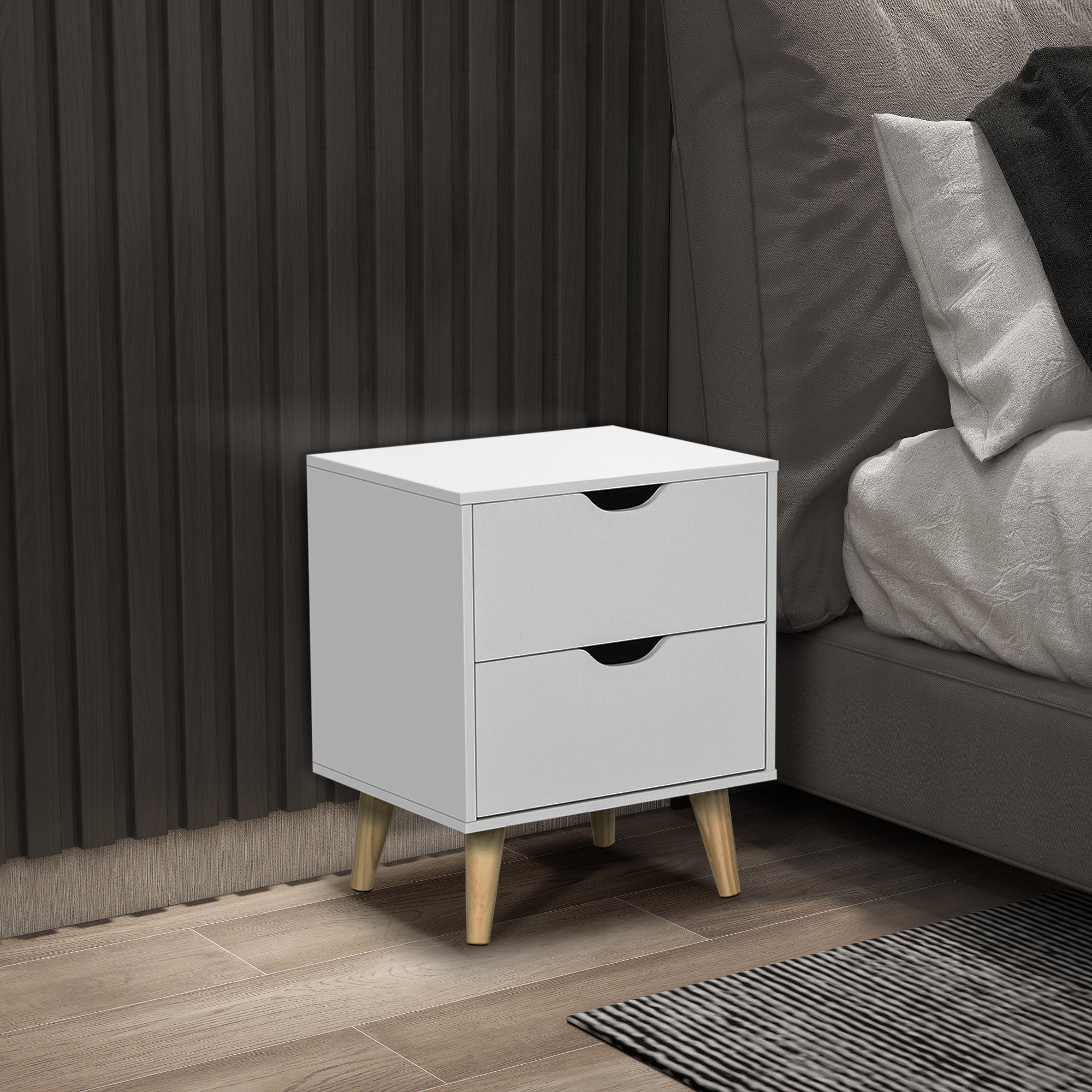 Kozy Bedside Table, Bedside Cabinet with 2 Drawers, Side End Table with Pine Wood Legs for Bedroom Living Room, White