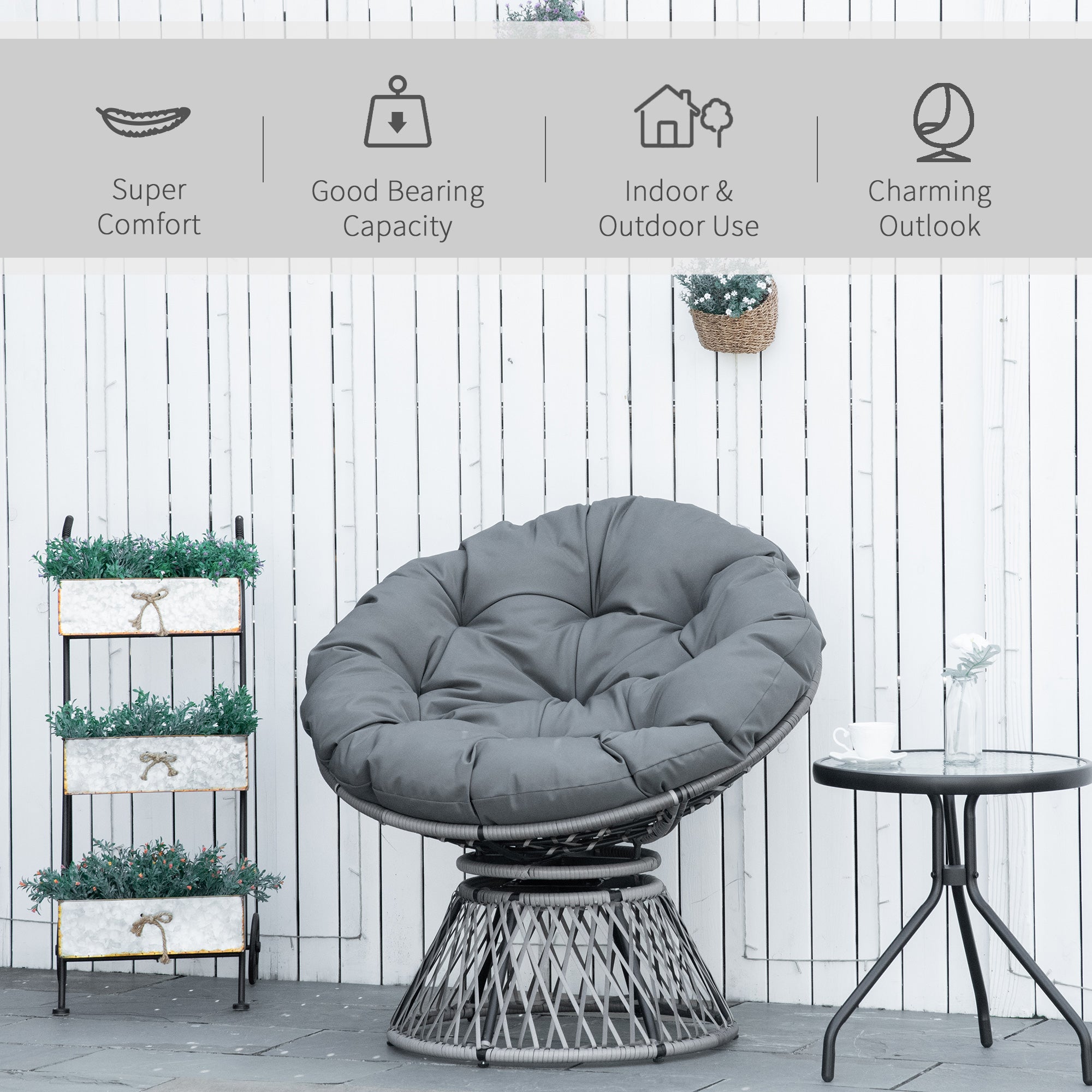 Kozy 360° Swivel Rattan Papasan Moon Bowl Chair Round Lounge Garden Wicker Basket Seat with Padded Cushion Oversized for Outdoor Indoor, Grey