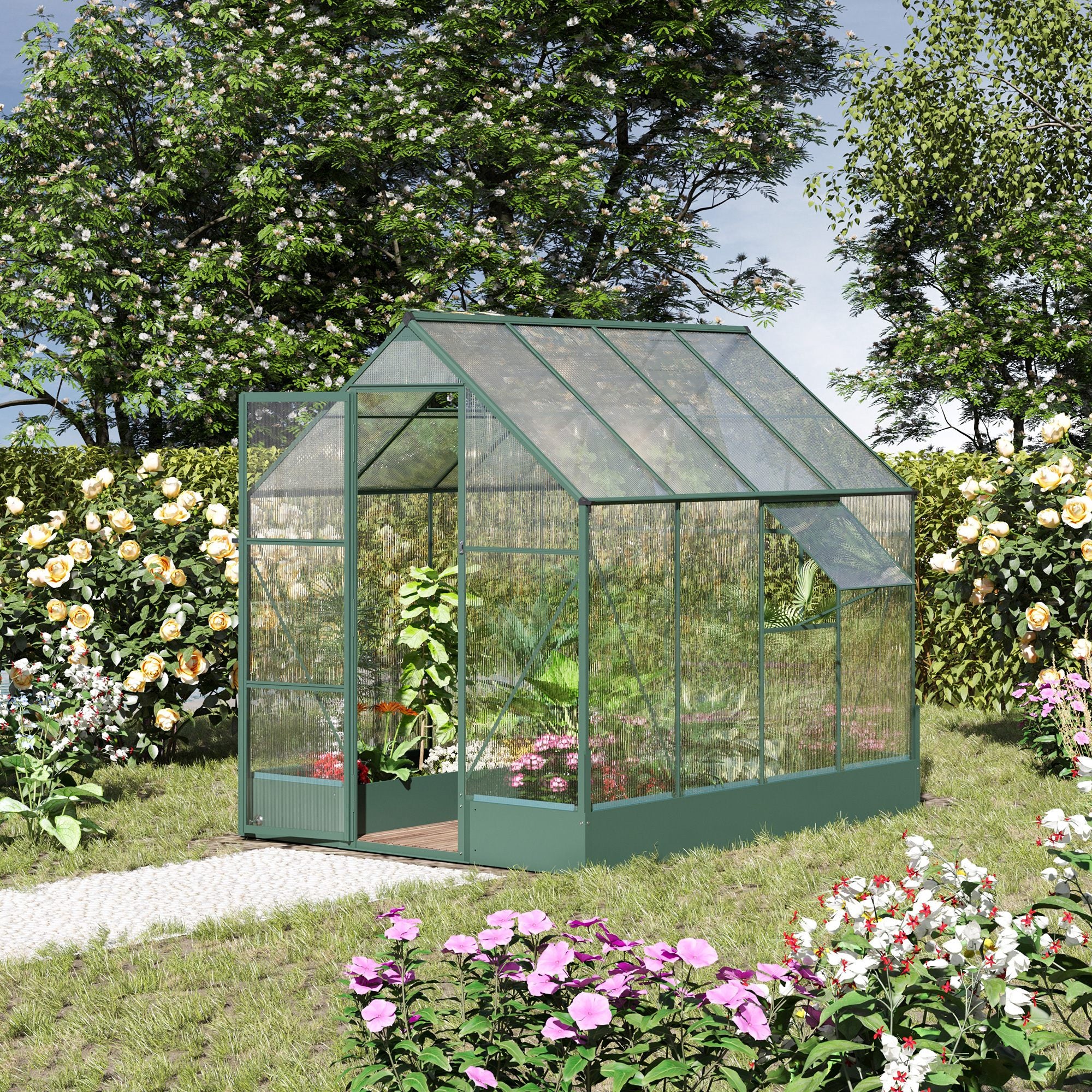 Kozy 6x8 FT Polycarbonate Greenhouse with Base and Raised Bed, Walk-in Greenhouse with Aluminium Frame, Temperature Controlled Window, Foundation for Plants, Flowers, Vegetable