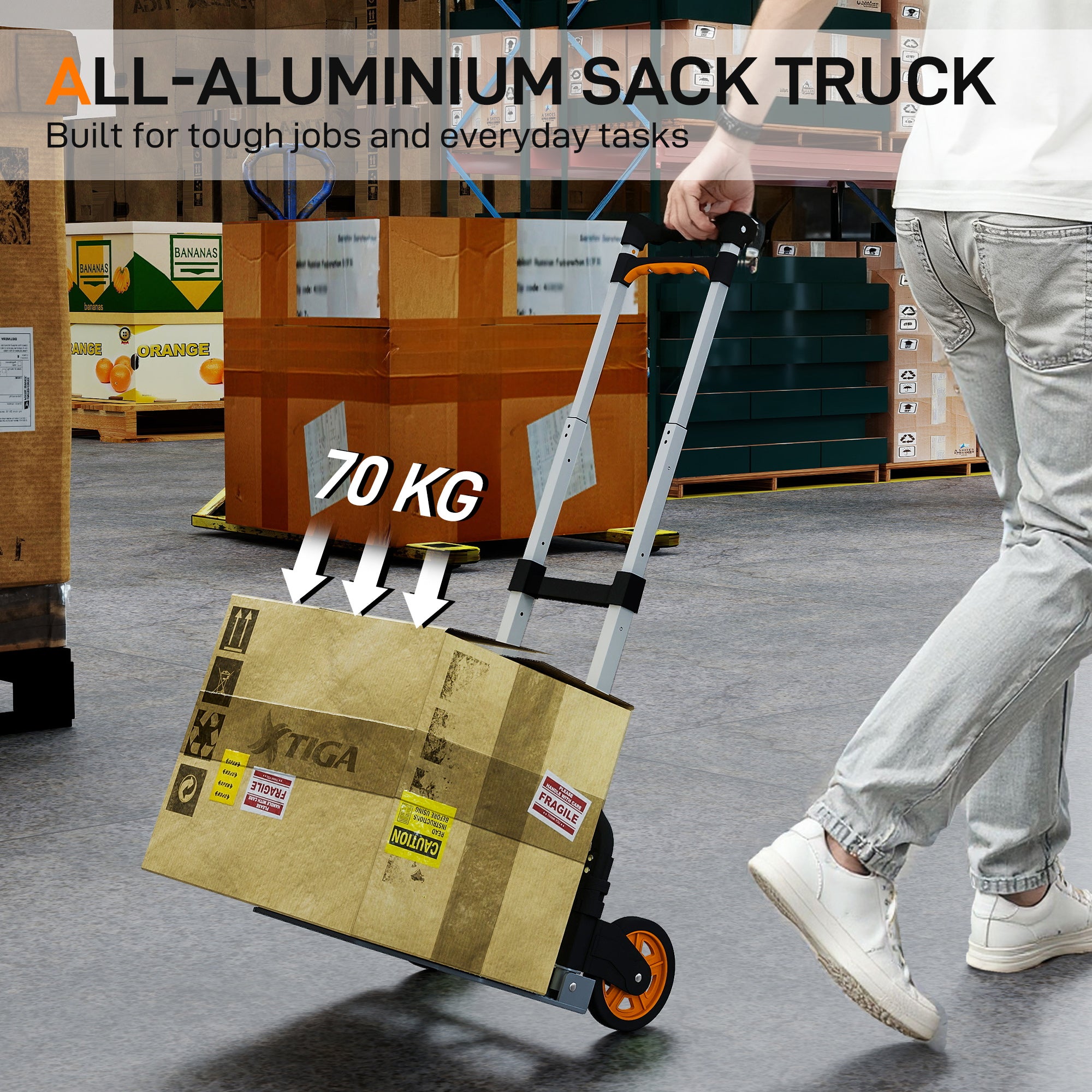 Kozy Folding Sack Truck, 70kg Lightweight Hand Truck with Wheels, Foldable Trolley Cart with Telescoping Handle for Warehouse, Office, Luggage, Silver Tone