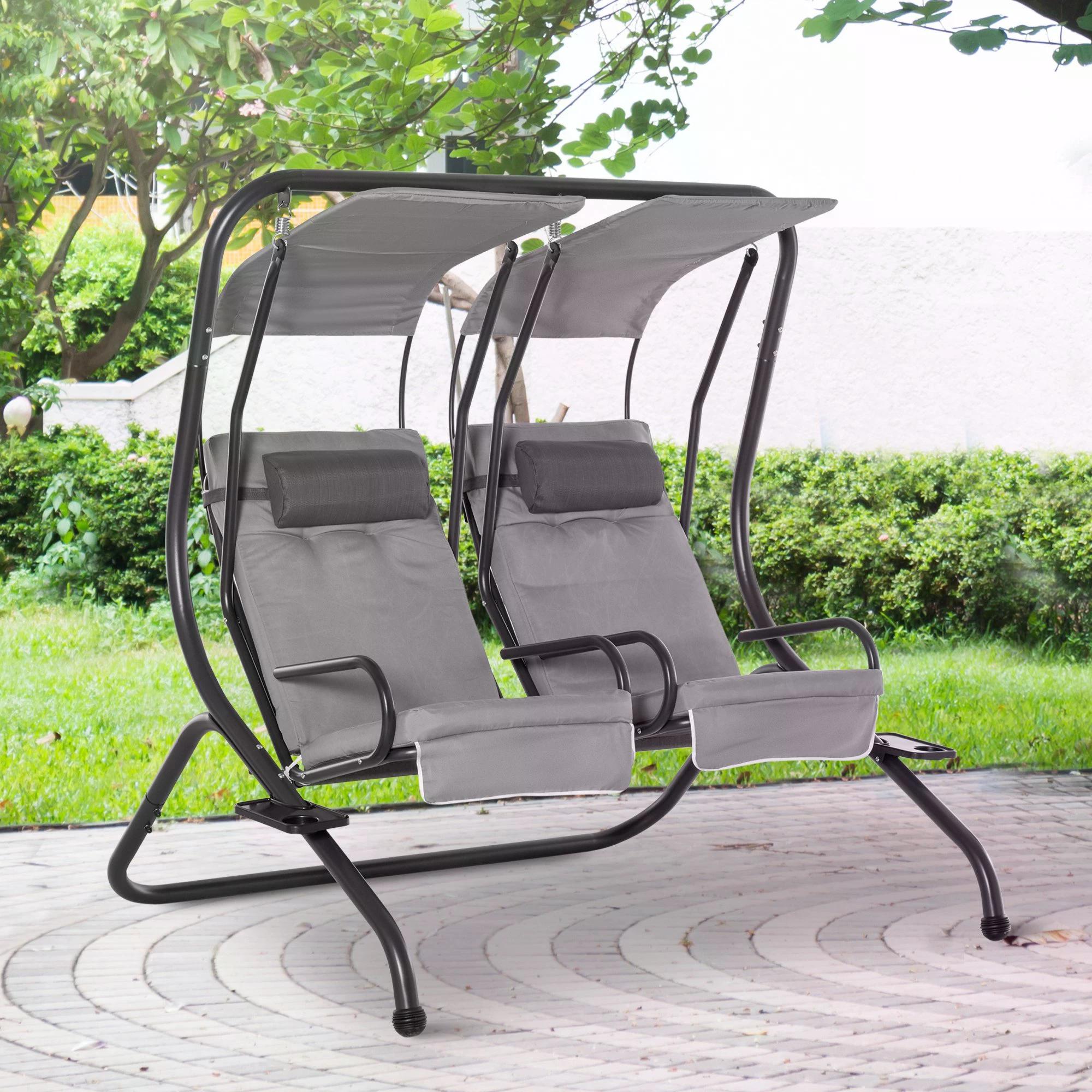 Kozy Canopy Swing 2 Separate Relax Chairs w/ Handrails and Removable Canopy Grey