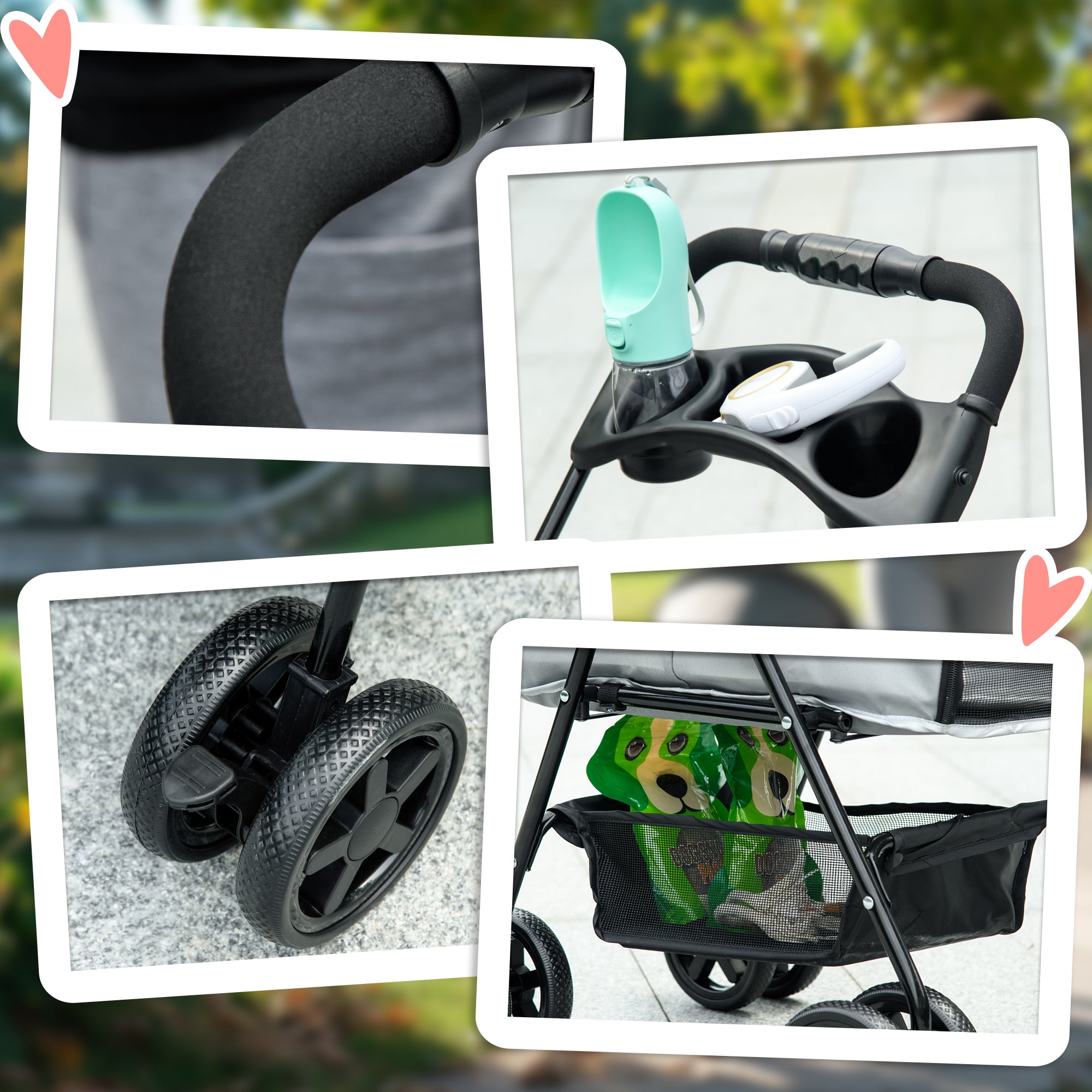 Kozy Dog Pram Dog Stroller Foldable Pet Pushchair with 4 Wheels, Safety Leashes, Cup Holder for Small Dogs, Grey