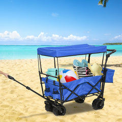 DURHAND Folding Trolley Cart Storage Wagon Beach Trailer 4 Wheels with Handle Overhead Canopy Cart Push Pull For Shopping Camping Garden