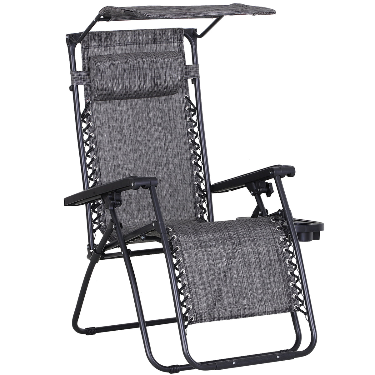 Kozy Foldable Reclining Garden Chair with Headrest, Zero Gravity Deck Sun Lounger Seat Chair with Footrest, Armrest, Cup Holder & Canopy Shade, Grey