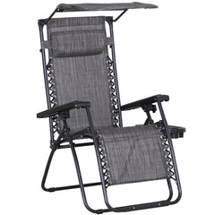 Kozy Foldable Reclining Garden Chair with Headrest, Zero Gravity Deck Sun Lounger Seat Chair with Footrest, Armrest, Cup Holder & Canopy Shade, Grey