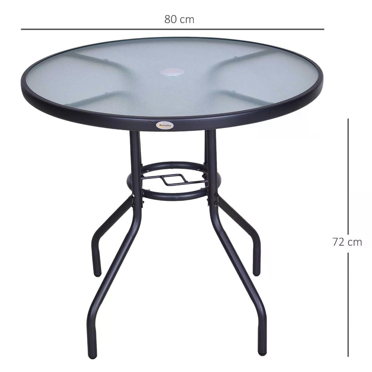 Outsunny Outdoor Round Dining Table Tempered Glass Top Steel Garden Table w/ Parasol Hole 80cm