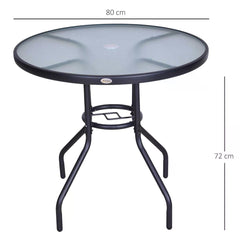 Outsunny Outdoor Round Dining Table Tempered Glass Top Steel Garden Table w/ Parasol Hole 80cm