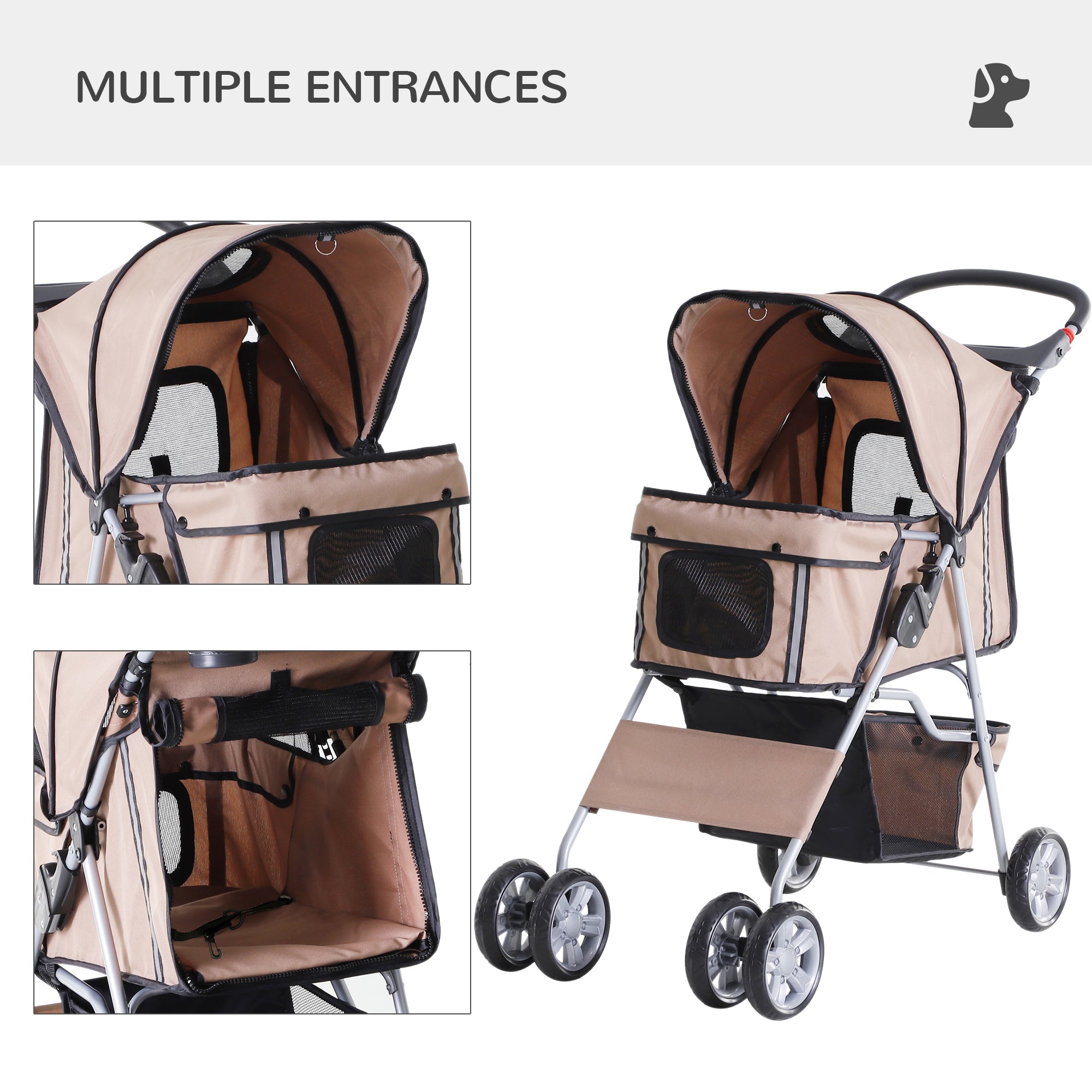 PawHut Pet Stroller Dog Pram Foldable with Wheels, Zipper Entry, Cup Holder, Storage Basket, Brown