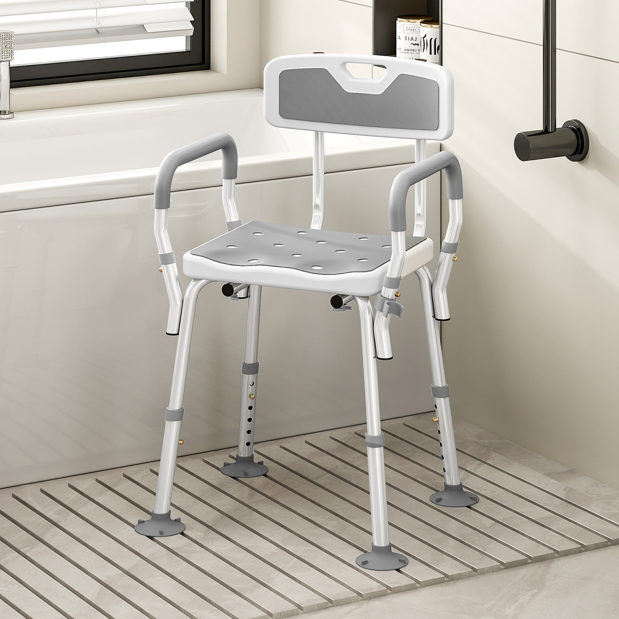 Kozy - EVA Padded Shower Chair for the Elderly and Disabled, Height Adjustable Shower Stool with Back and Arms, 4 Suction Foot Pads, Light Grey