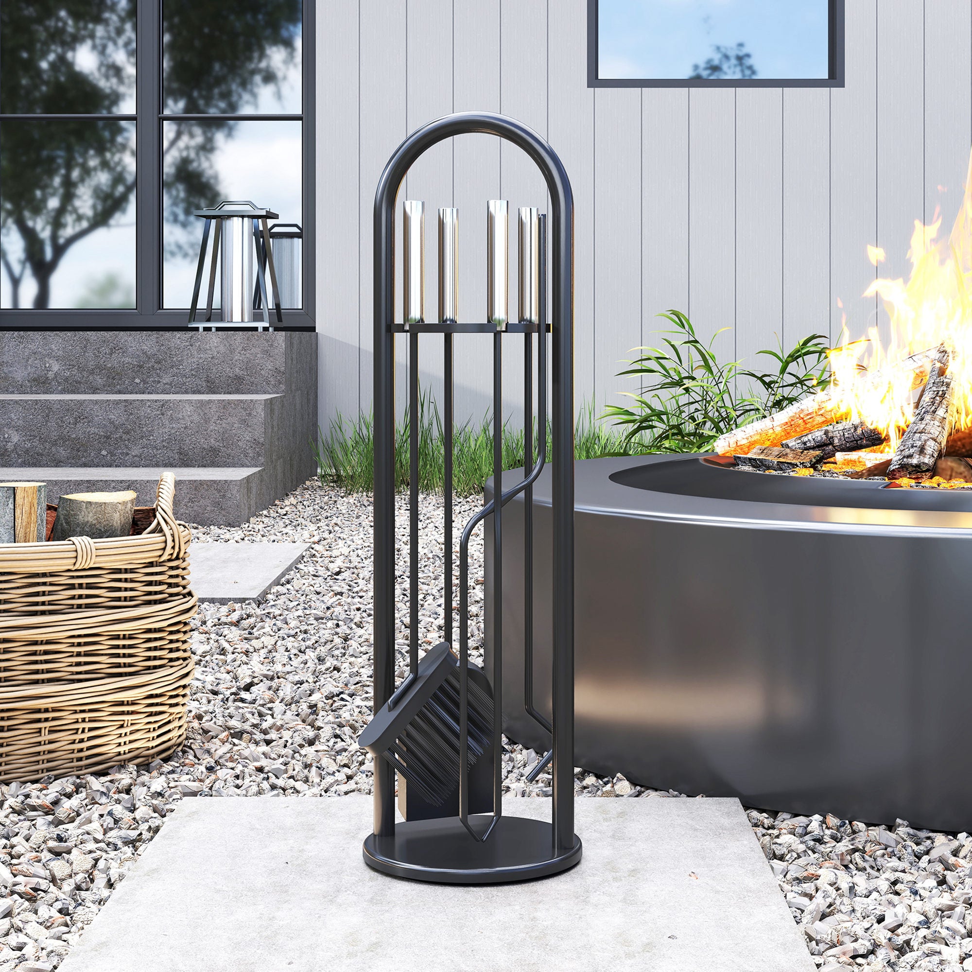 Kozy - 5 Pieces Fireplace Tools Set, Metal Fireplace Accessories Fireside Companion Set with Broom, Shovel, Poker and Bucket, Silver