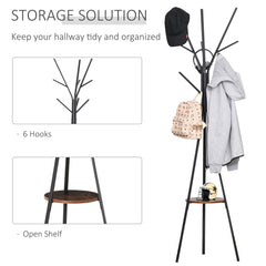 HOMCOM Free Standing Coat Rack Metal, 180cm with 9 Hooks, 1 Shelf for Clothes, Hats, Bags, Umbrella Organiser, Brown