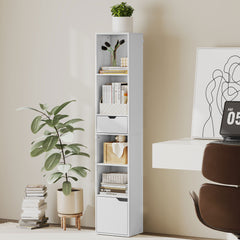 Kozy 6-Tier Bookcase, Tall Narrow Bookshelf with Drawer and Door - White