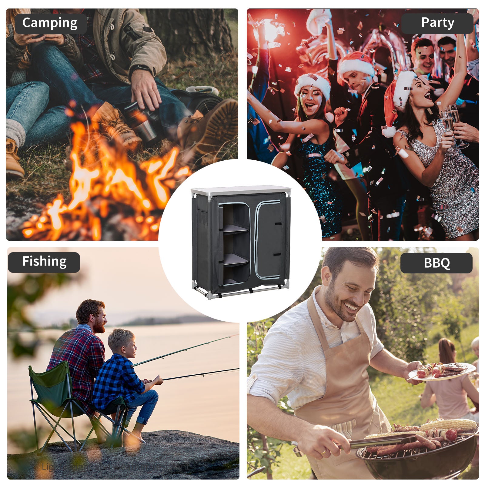 Kozy Aluminum Camping Cupboard, Camping Kitchen Station Cook Table with 3-Shelf, Storage Organiser for BBQ Party Picnic