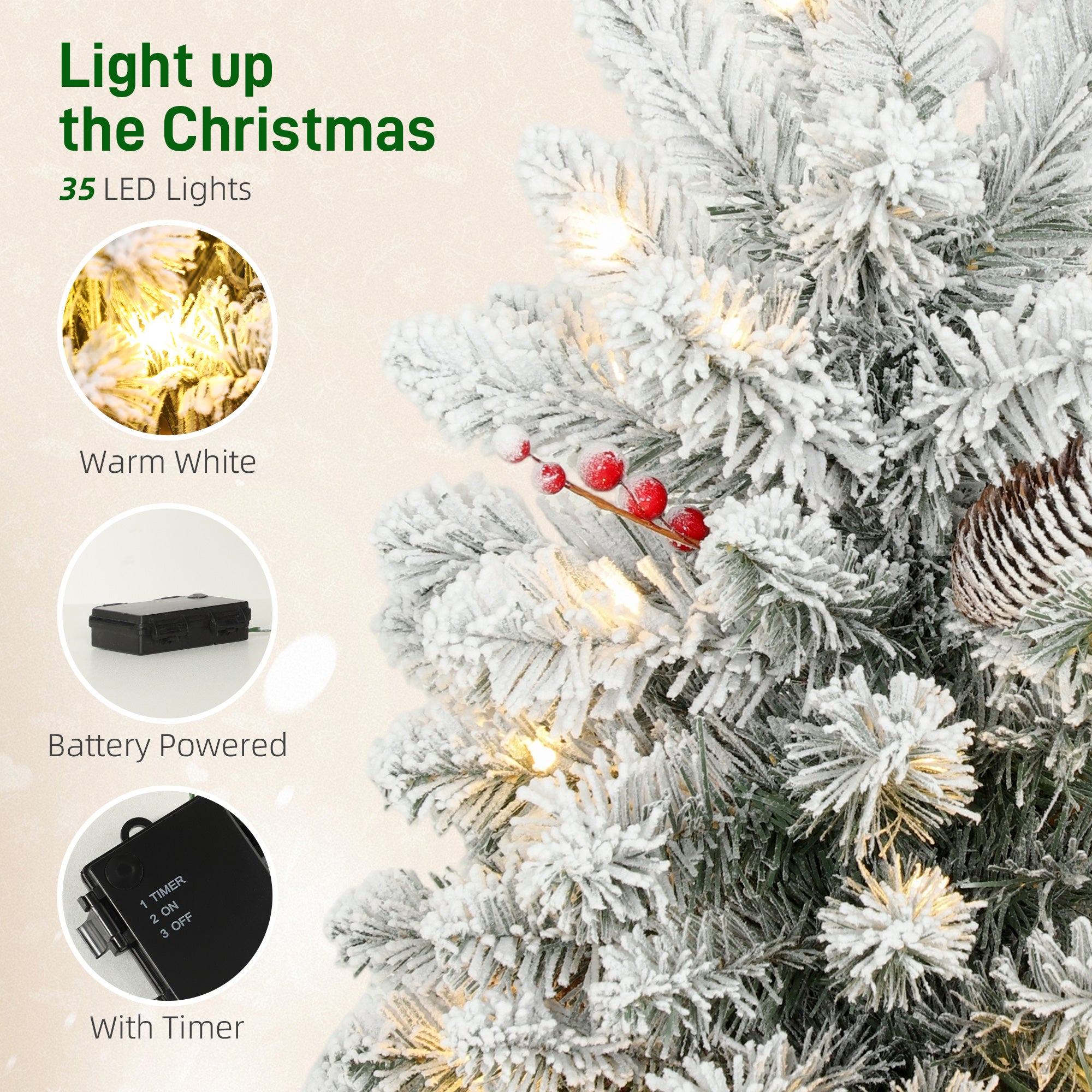 Kozy - 60 cm Prelit Small Christmas Tree with 35 LED Lights, Snow Flocked Tabletop Mini Xmas Tree with 72 Dense Branches, Pine Cones, Berry Clusters and Linen Cover Base, Battery Operated, Green