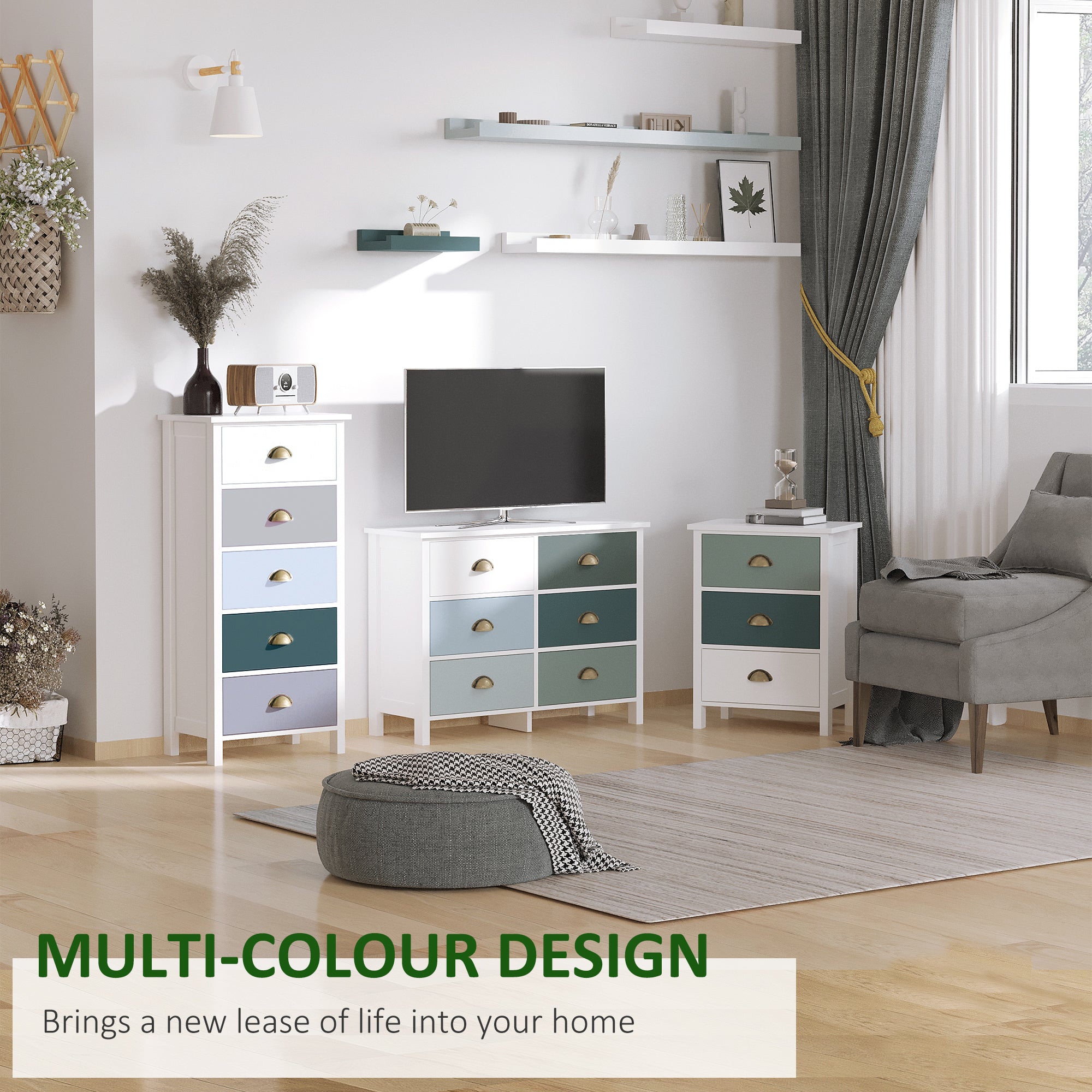 Kozy Slim Storage Cabinet Organiser, Chest of Drawers, 5-Drawer Dresser with Metal Handle for Living Room, Bedroom, Blue