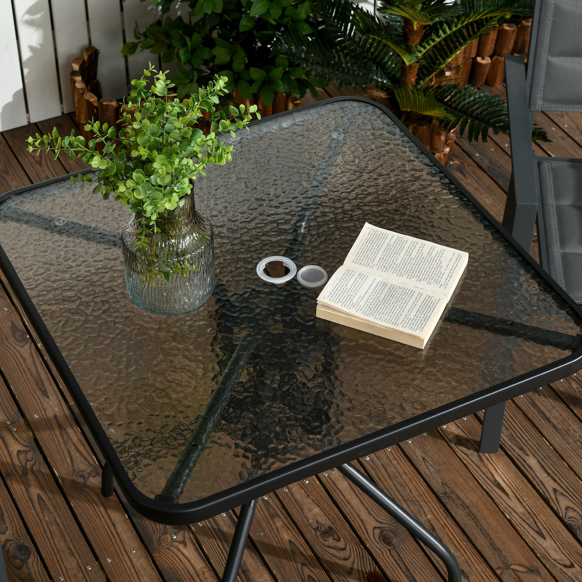 Kozy Square Garden Dining Table with Tempered Glass Top & Umbrella Hole, 76 x 76 cm