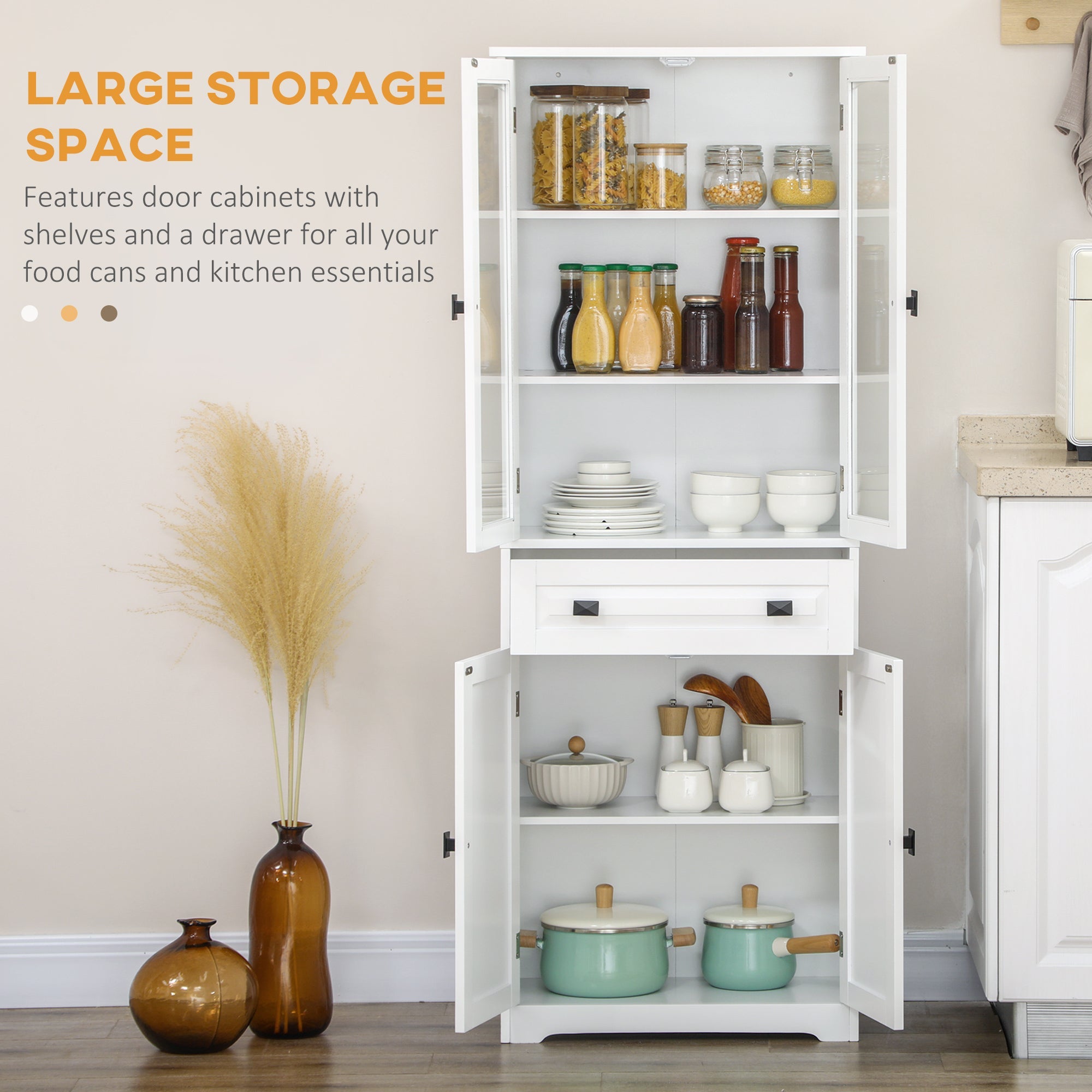 HOMCOM Kitchen Cupboard, Freestanding Storage Cabinet w/ 2 Adjustable Shelves, Drawer & Glass Door for Living Room, Dining Room, 160cm | Aosom UK