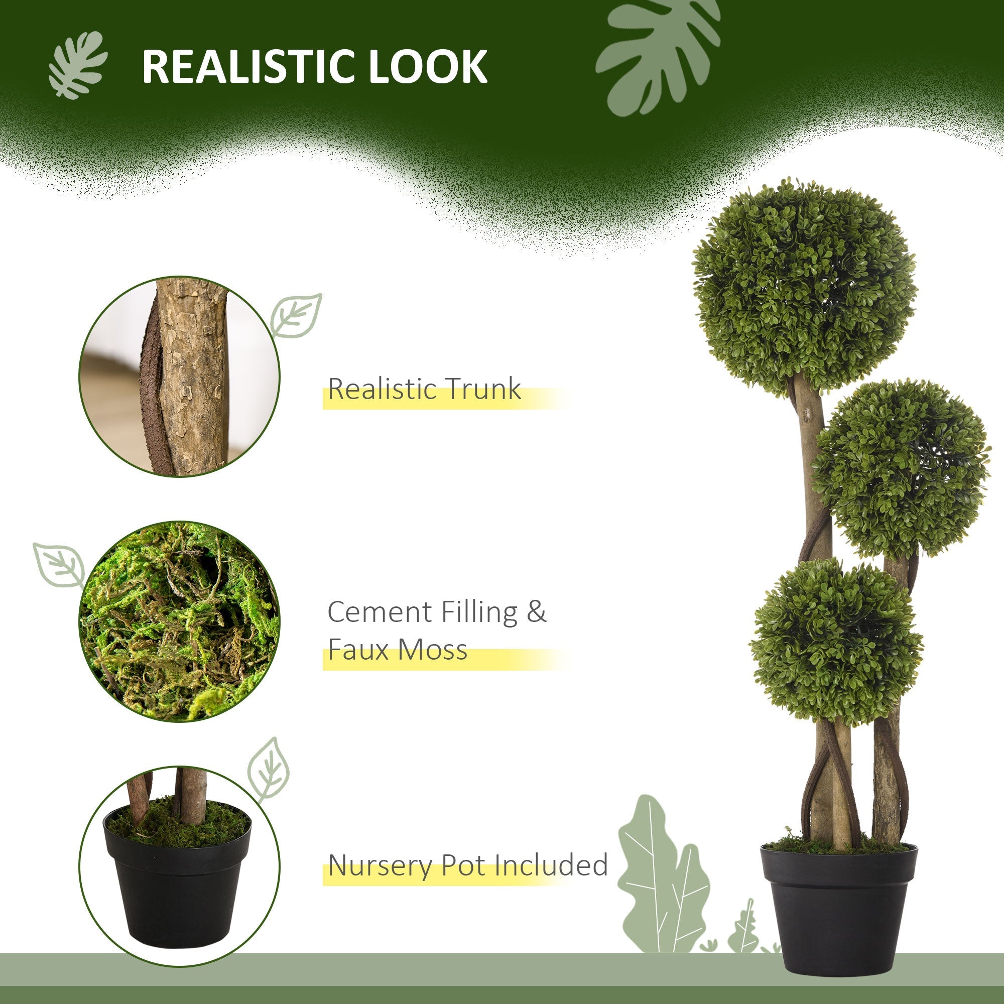 HOMCOM Decorative Artificial Plants Boxwood Ball Topiary Trees in Pot Fake Plants for Home Indoor Outdoor Decor, 90 cm | Aosom UK