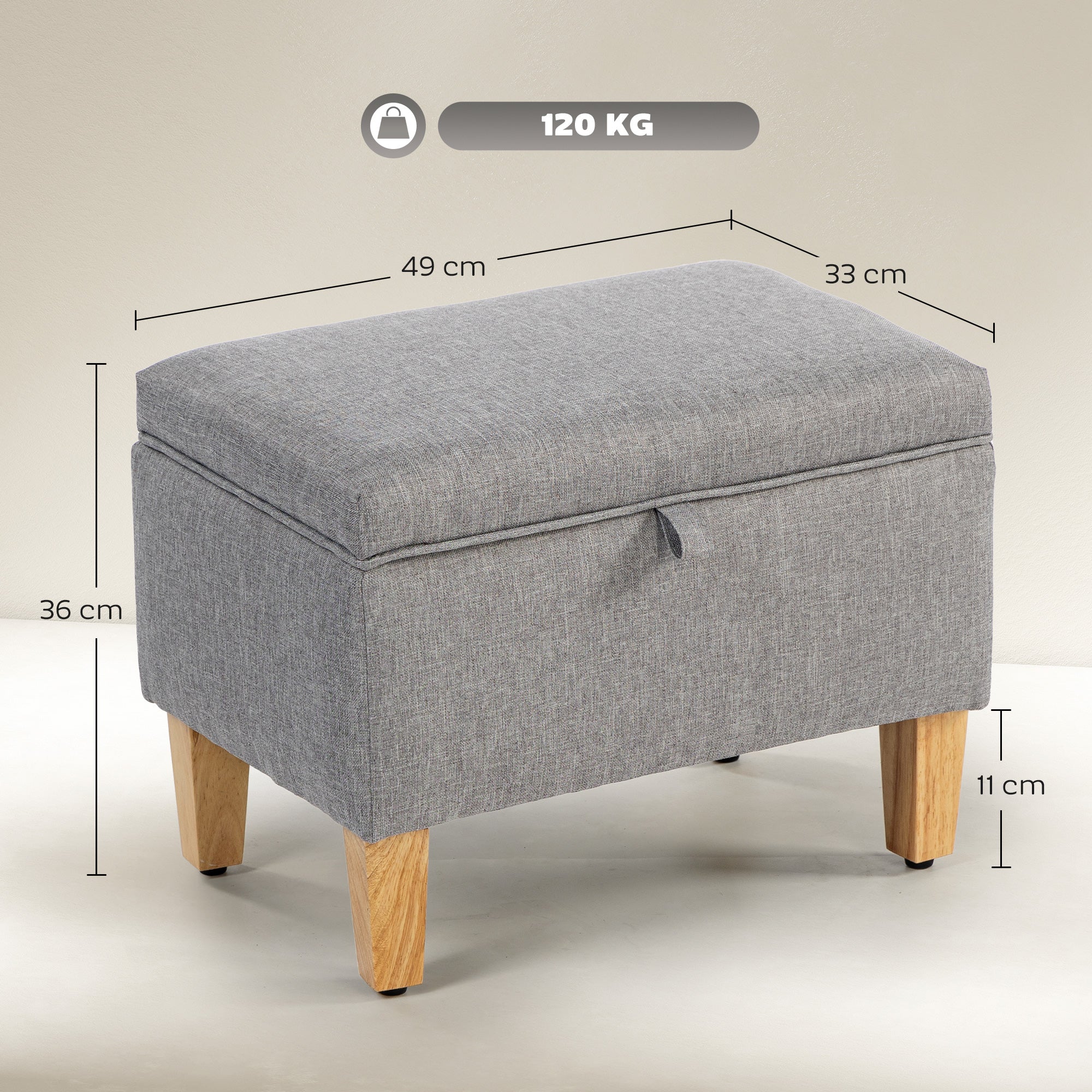 Kozy - 16L Linen Storage Ottoman Padded Footstool with Rubberwood Legs for Storage Box, Bed End, Shoe Bench, Seating, Light Grey