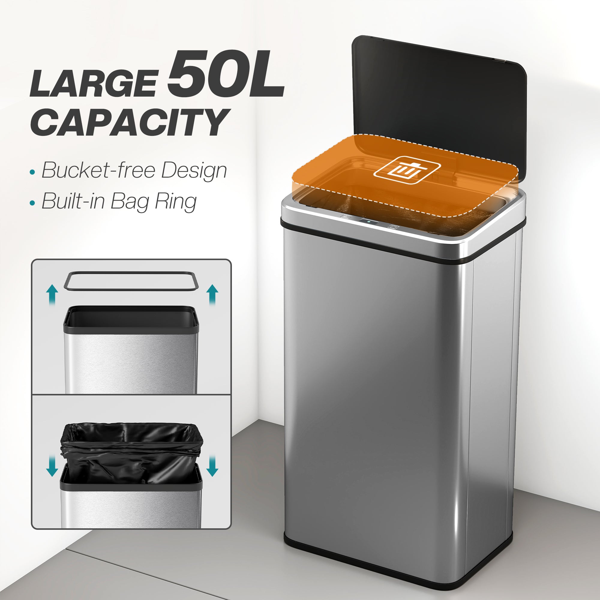 Kozy 50L Sensor Bin with Quiet Soft-Close Lid, Automatic Touchless Motion Sensor Kitchen Bin with Fingerprint Resistant Stainless Steel for Hygienic Gyms, Home Office Use, Silver Tone