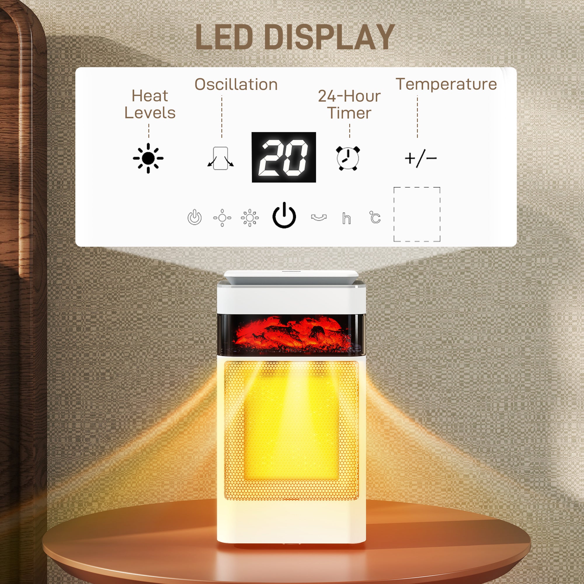 Kozy Ceramic Electric Heater, 1500W Fan Space Heater with 3 Modes, 24H Timer, Flame Effect, Oscillation for Bedroom, White