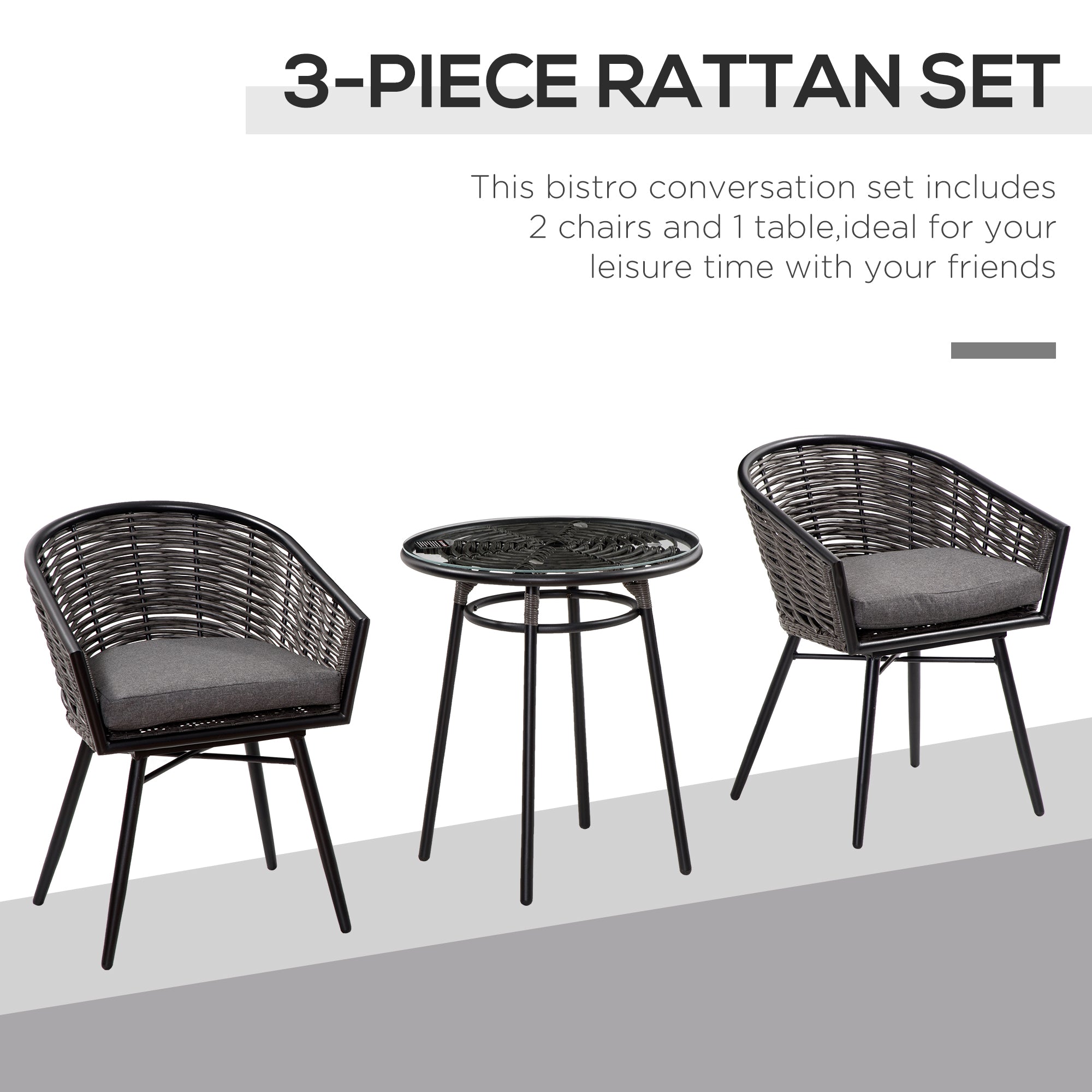 Kozy 3 Pieces Rattan Bistro Set, Wicker Garden Furniture Set with Round Glass Top Coffee Table and Chairs, Washable Cushions for Outdoor, Patio, Balcony, Grey