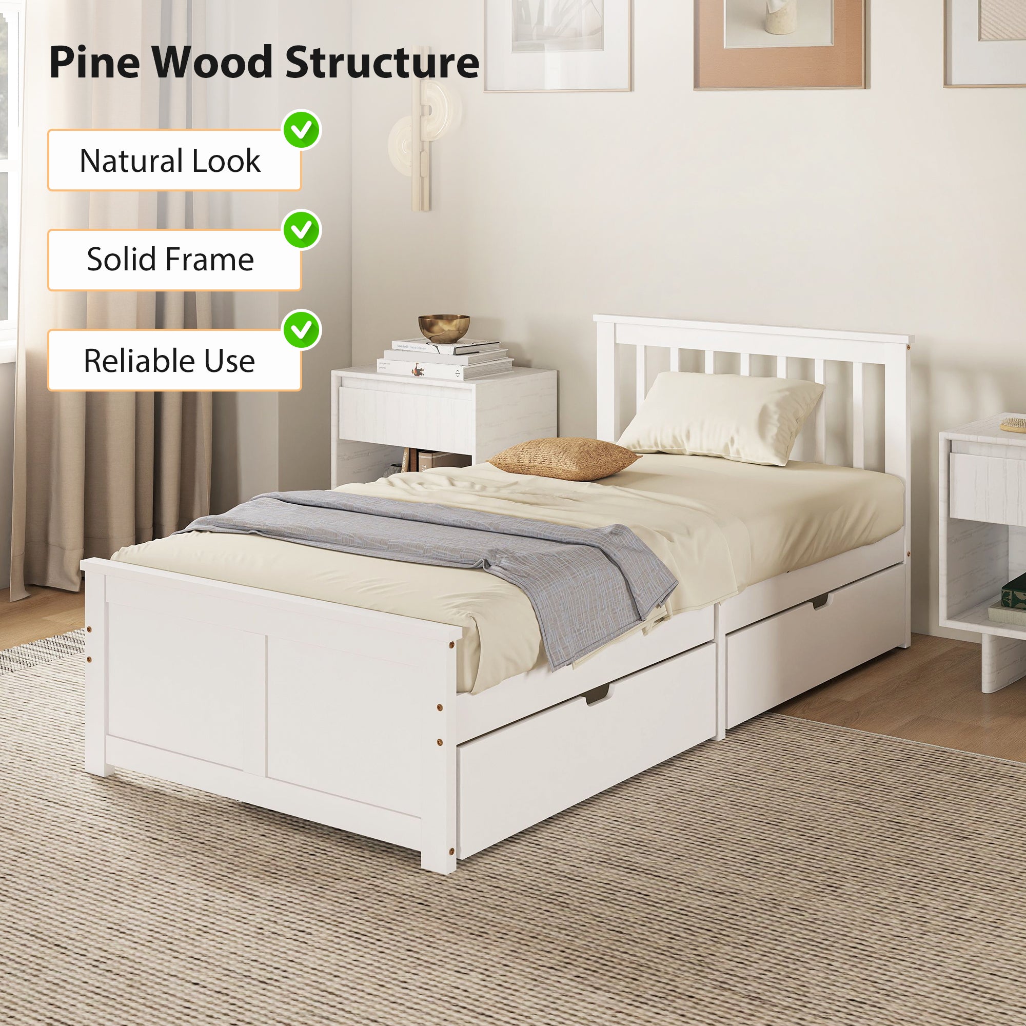 Kozy Wooden Single Bed Frame, with Drawers - White